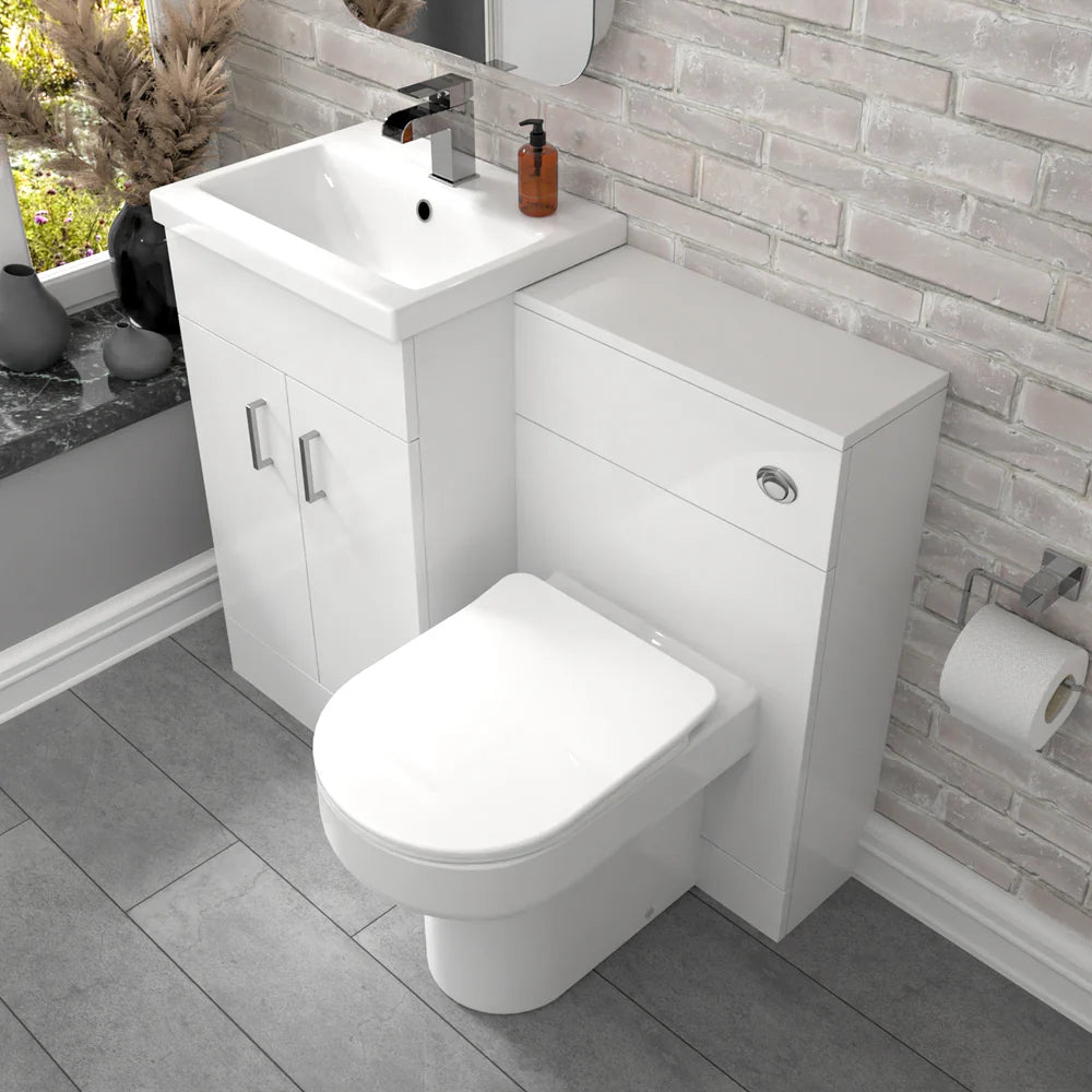 Nanuya White Vanity Basin Cabinet, WC Unit & Comfort Back To Wall Toilet