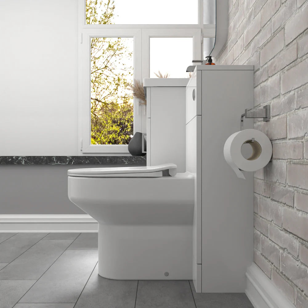 Nanuya White Vanity Basin Cabinet, WC Unit & Comfort Back To Wall Toilet