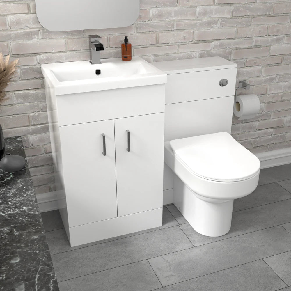 Nanuya White Vanity Basin Cabinet, WC Unit & Comfort Back To Wall Toilet