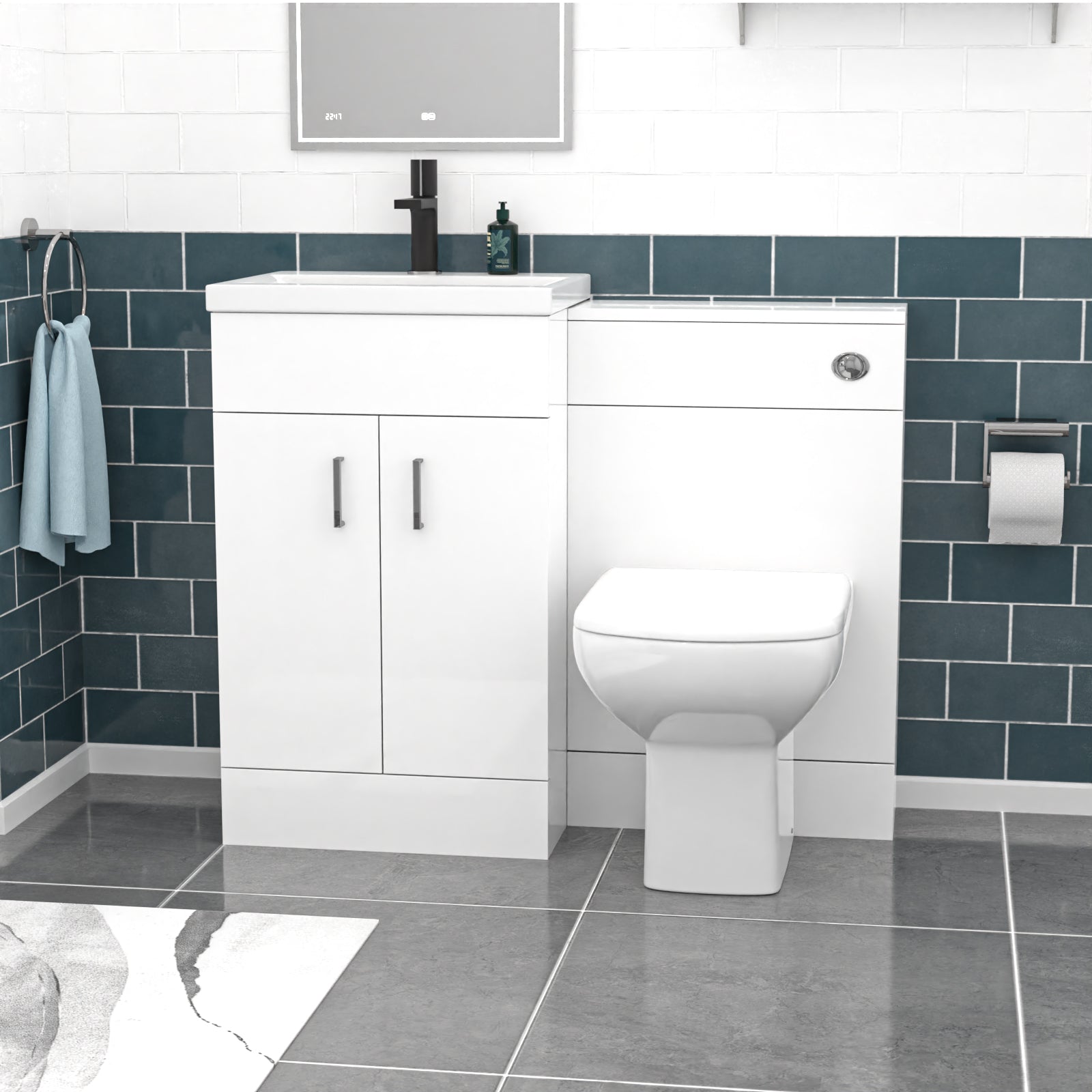 Nanuya White Vanity, WC Unit, Rimless BTW Toilet, Bath Front Panel, Tap Set