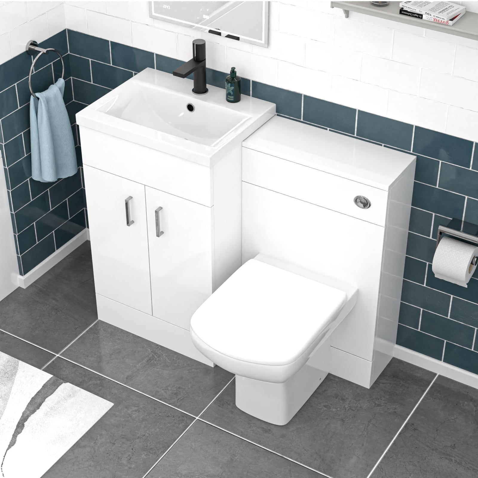 Nanuya White 1000mm Vanity, WC Unit, Rimless BTW Toilet, Bath And Front Panel