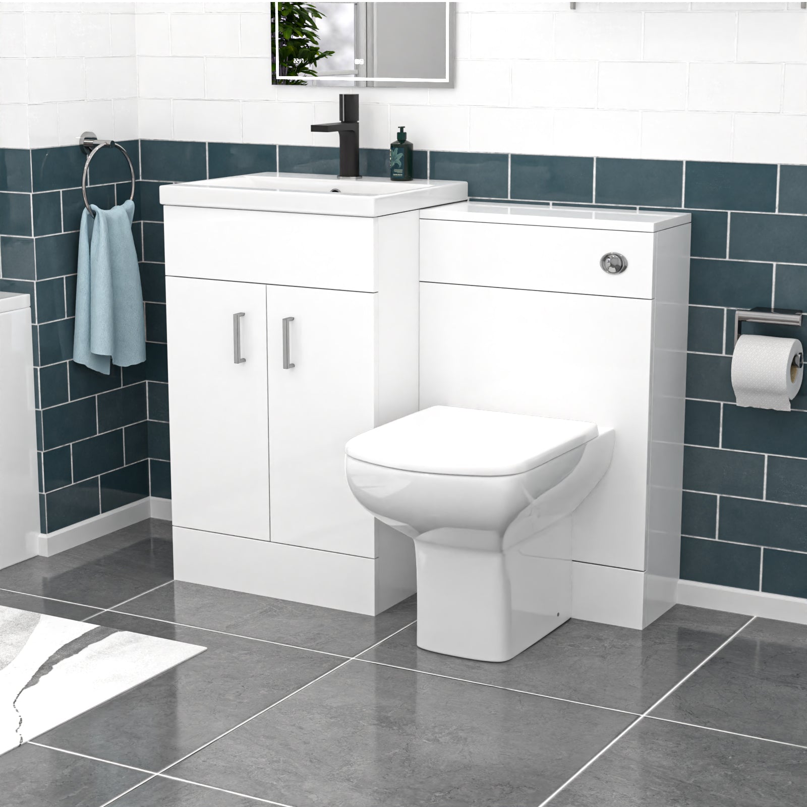 Nanuya White Vanity, WC Unit, Rimless BTW Toilet, Bath Front Panel, Tap Set