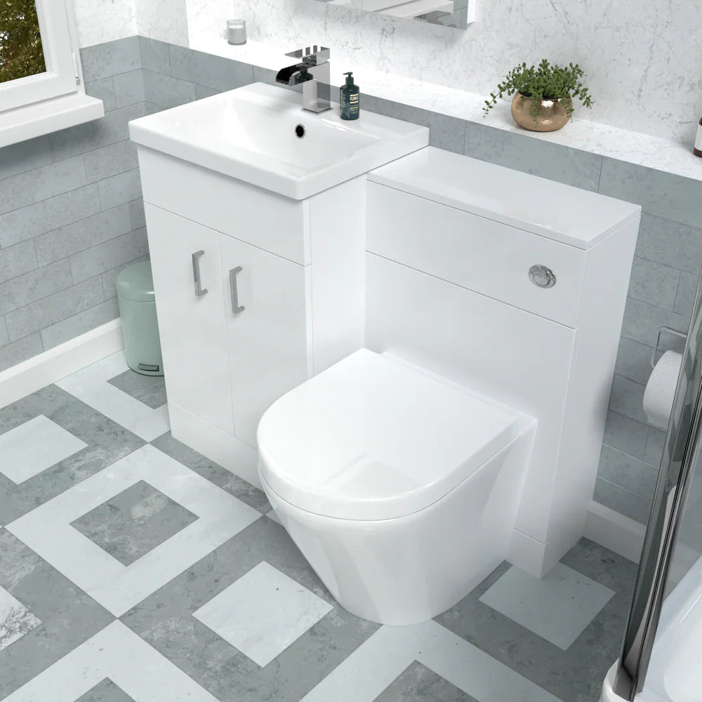 Nanuya Basin Vanity Cabinet, WC Unit White & Rimless Back To Wall Toilet