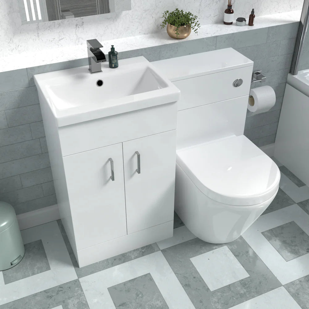 Nanuya Basin Vanity Cabinet, WC Unit White & Rimless Back To Wall Toilet