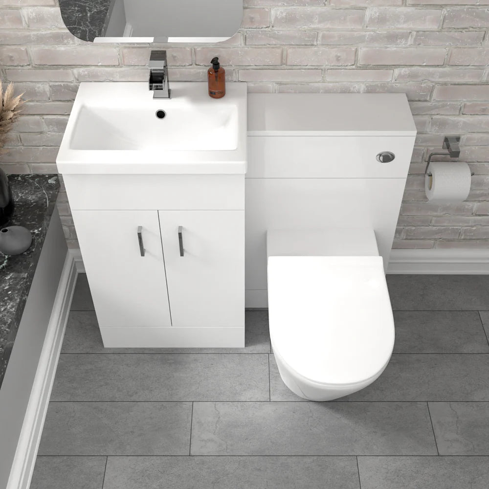 Nanuya Gloss White Vanity Basin Cabinet, WC Unit & Rimless Toilet