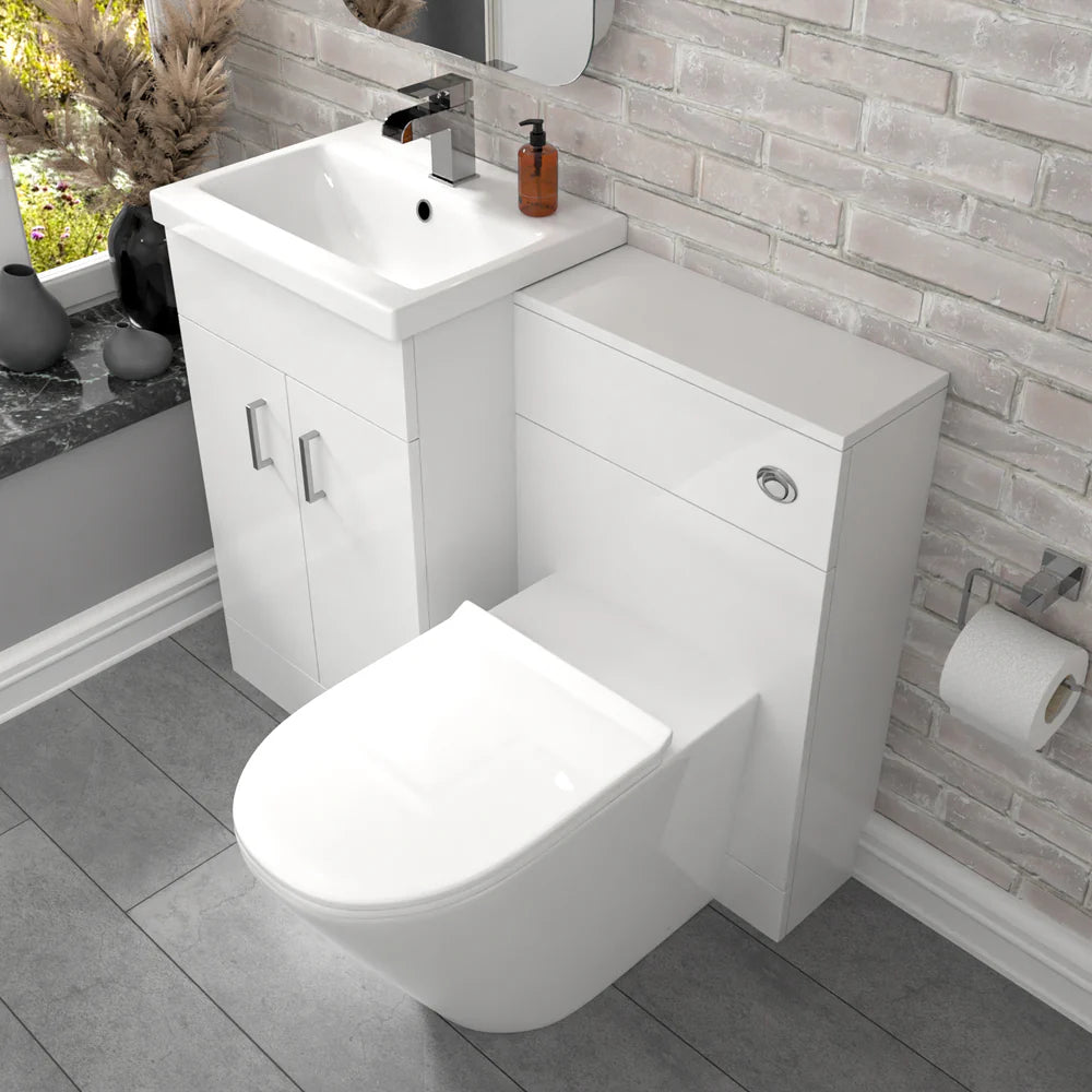 Nanuya Gloss White Vanity Basin Cabinet, WC Unit & Rimless Toilet