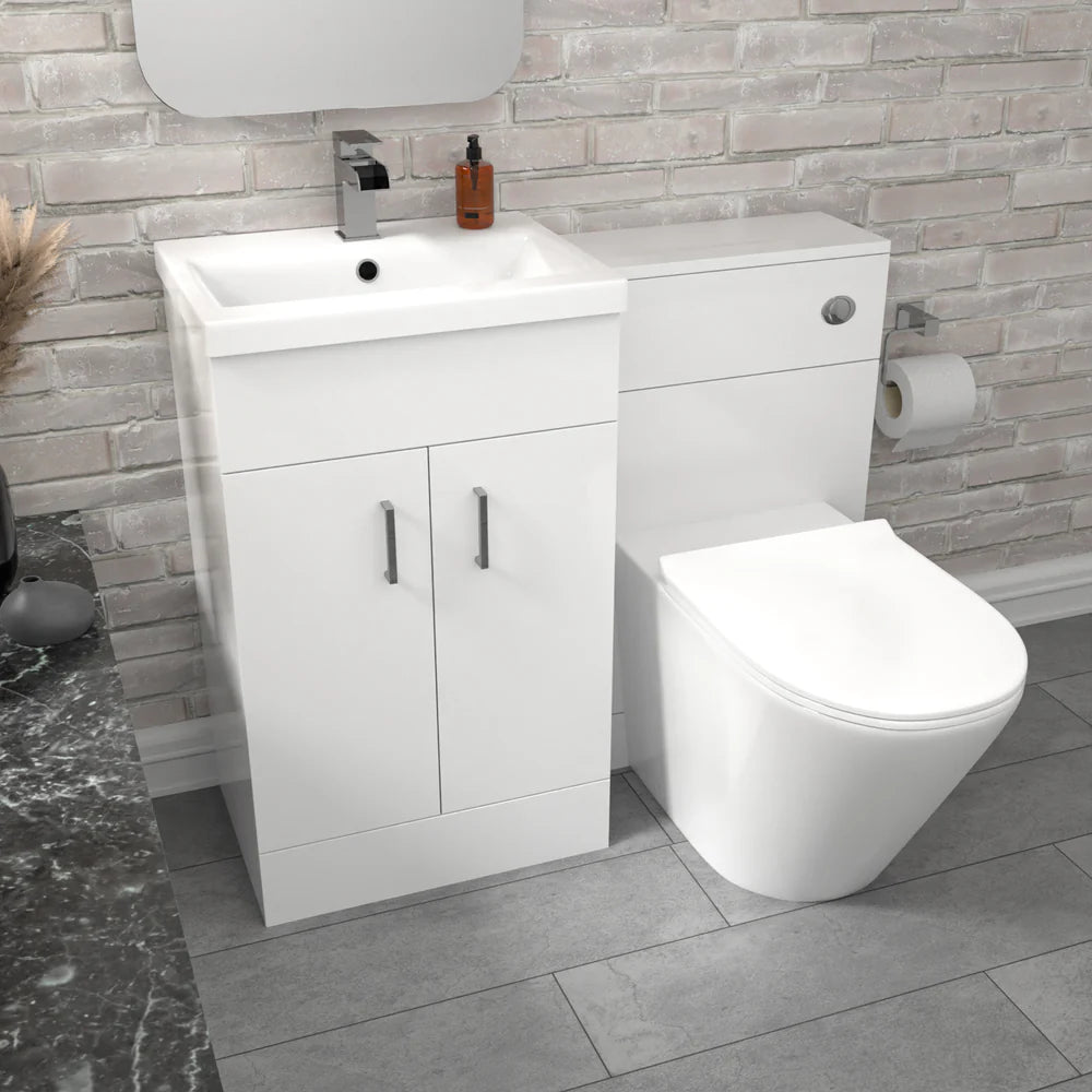 Nanuya Gloss White Vanity Basin Cabinet, WC Unit & Rimless Toilet