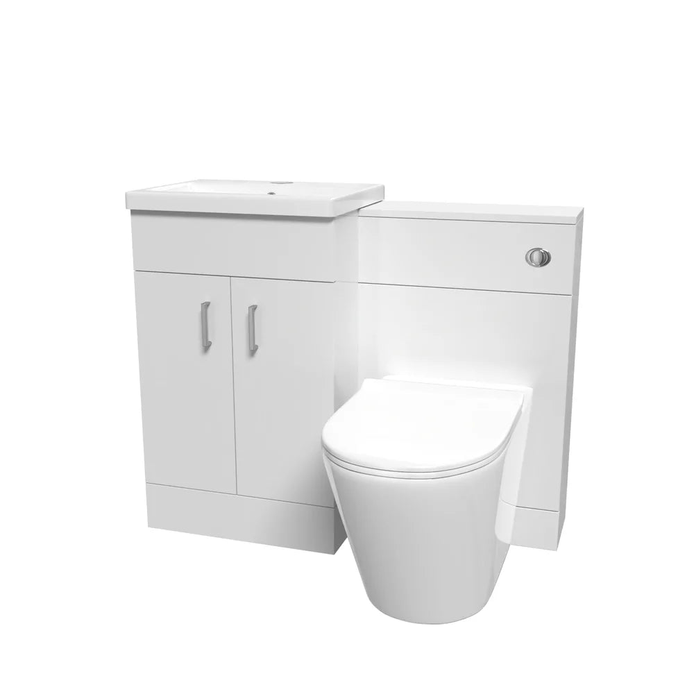 Nanuya Gloss White Vanity Basin Cabinet, WC Unit & Rimless Toilet