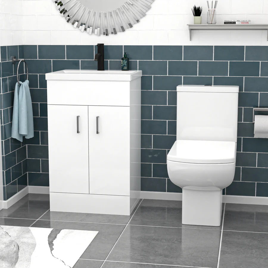 Nanuya 500mm White Basin Vanity, Square Rimless Close Coupled Toilet And Bath