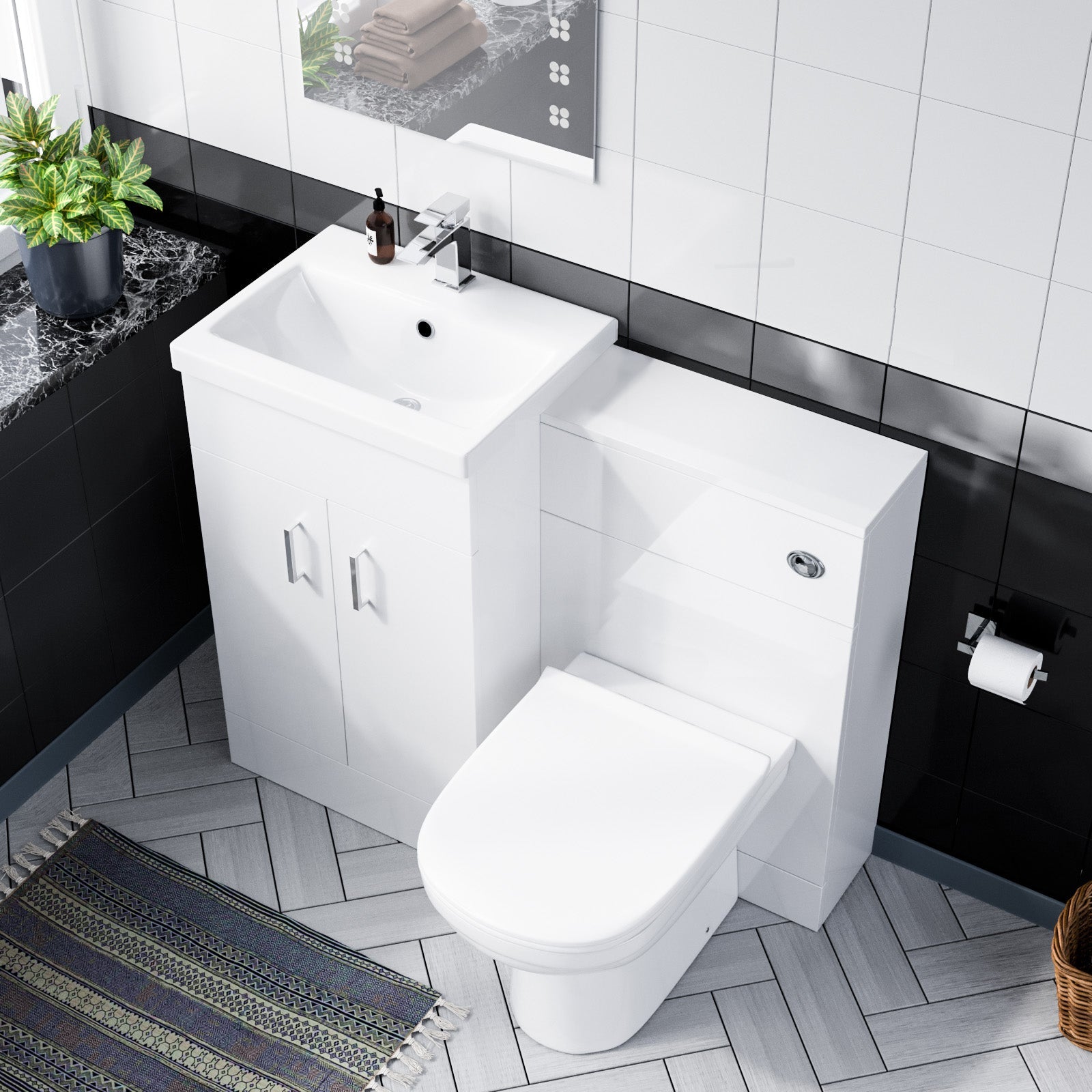 Nanuya White 500mm Vanity Basin WC Unit & Back to Wall Toilet Pan