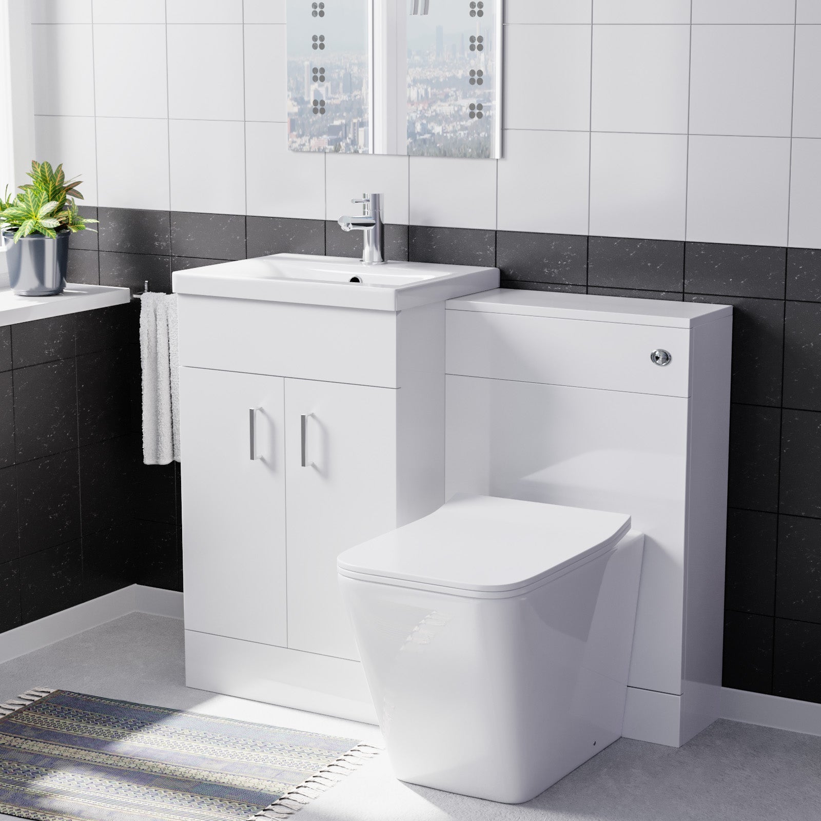 Nanuya White 500mm Vanity Basin Cabinet WC Unit & Square BTW Toilet