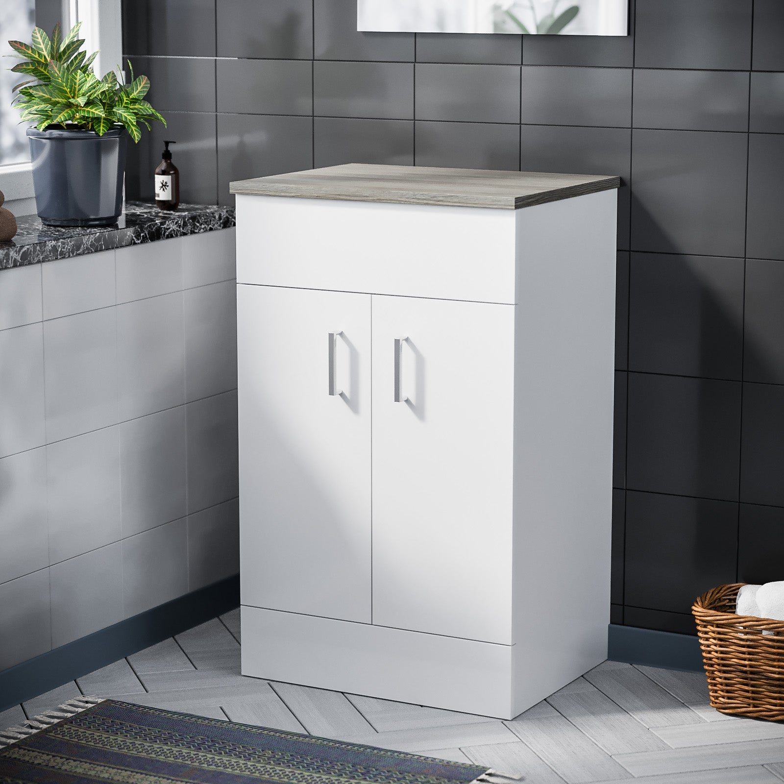 Nanuya 500mm Floor Standing White Vanity Unit Oak - Flat Pack