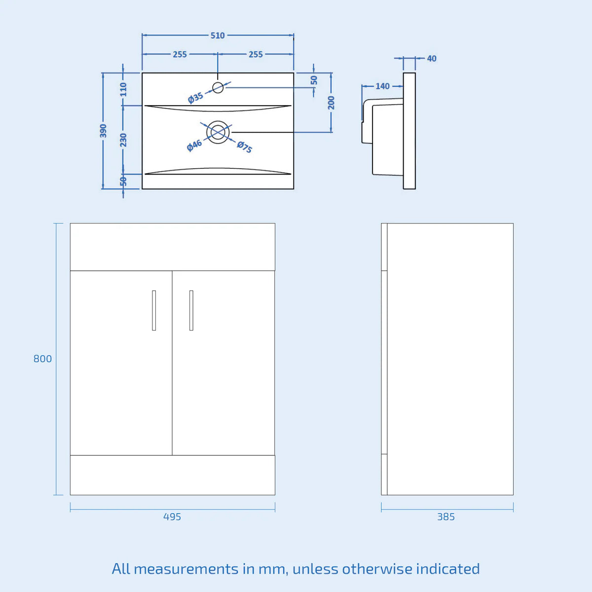 Nanuya 500mm White Basin Vanity & Square Rimless Close Coupled Toilet