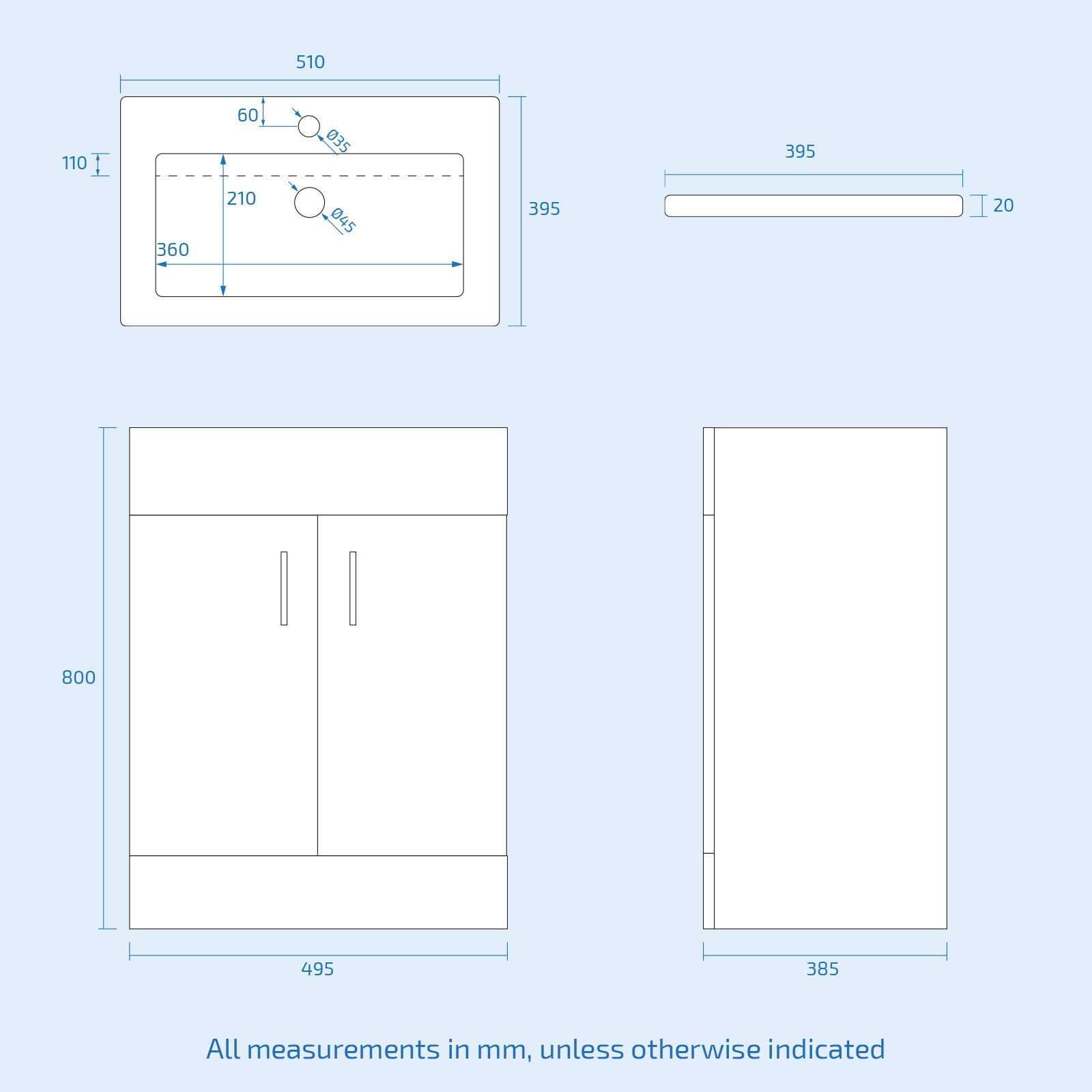 Technical drawing of a bathroom vanity with dimensions on a light blue background