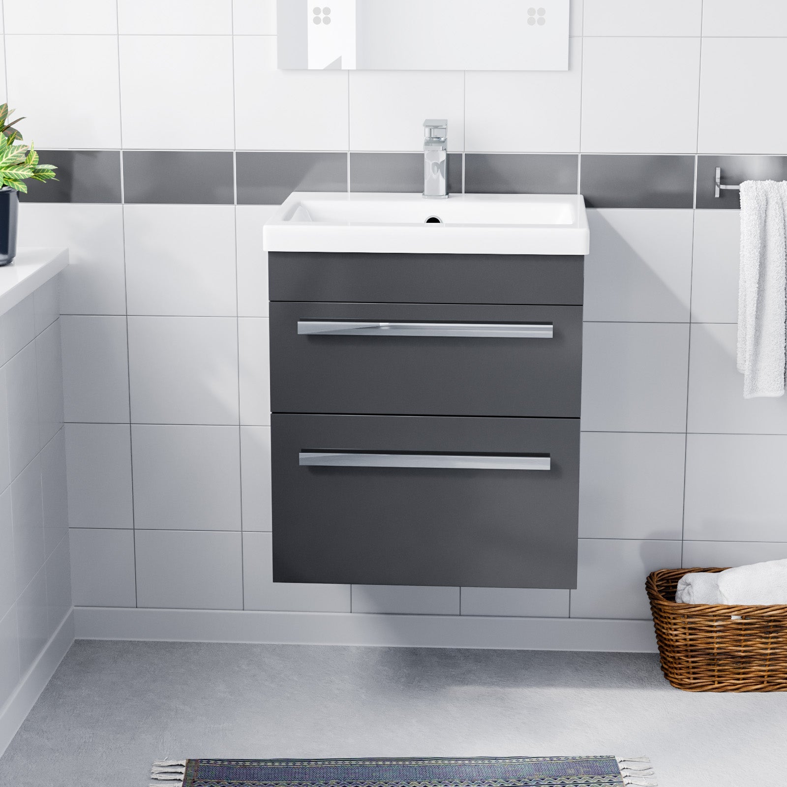 Nanuya 500mm Wall Hung 2 Drawer Vanity Unit Anthracite With White Basin