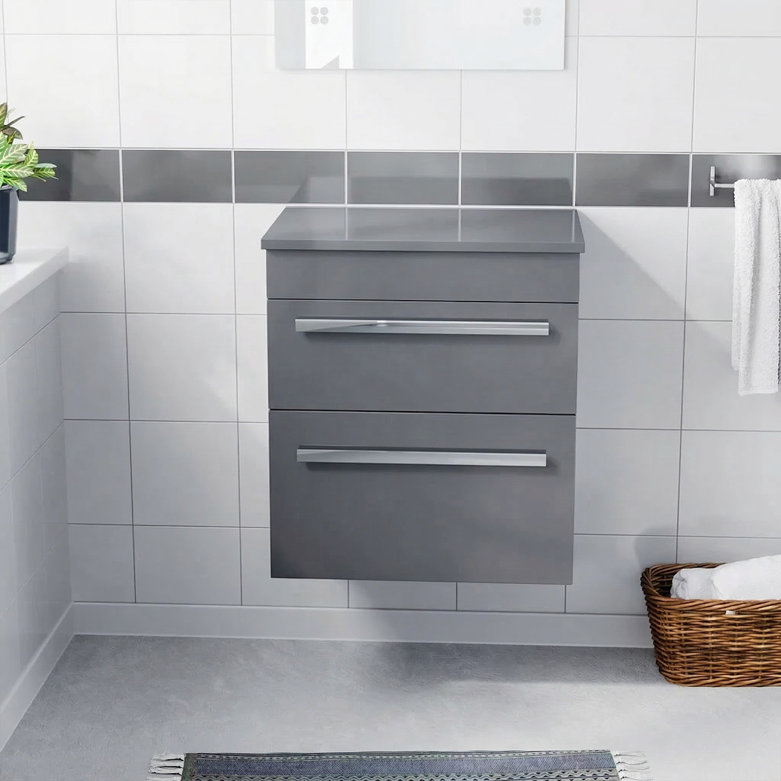 Nanuya 500mm Steel Grey 2 Drawer Wall Hung Worktop Vanity Unit