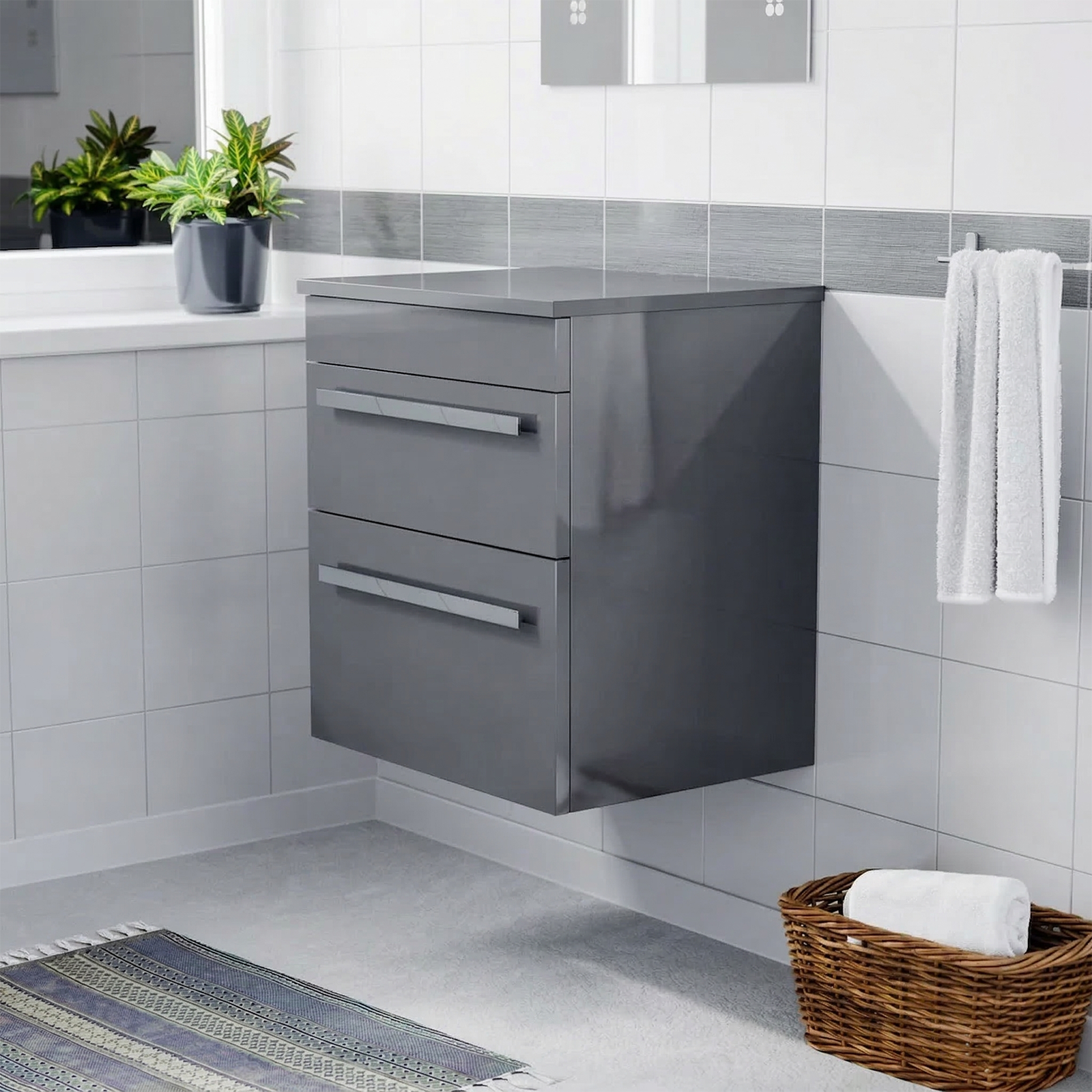 Nanuya 500mm Steel Grey 2 Drawer Wall Hung Worktop Vanity Unit