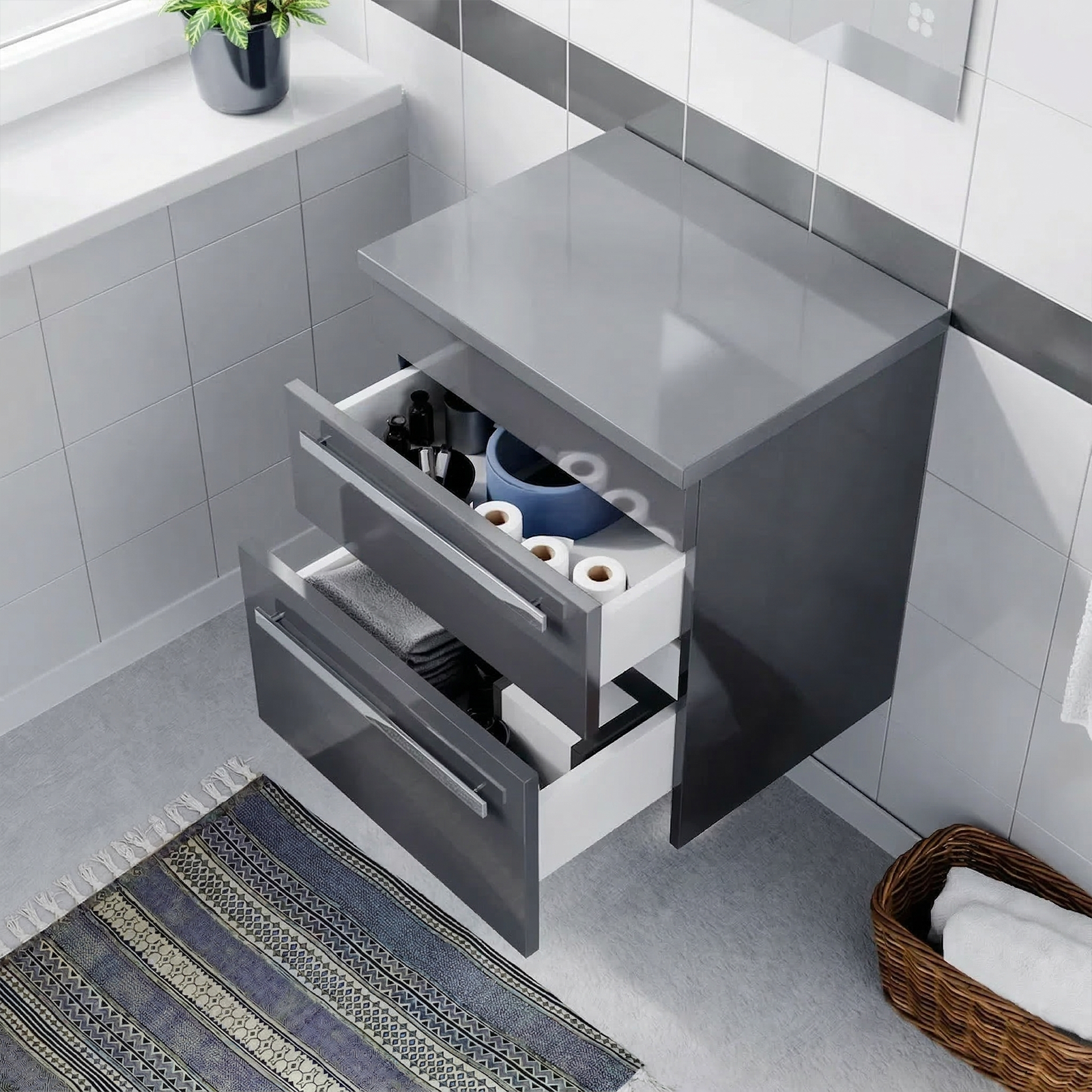 Nanuya 500mm Steel Grey 2 Drawer Wall Hung Worktop Vanity Unit