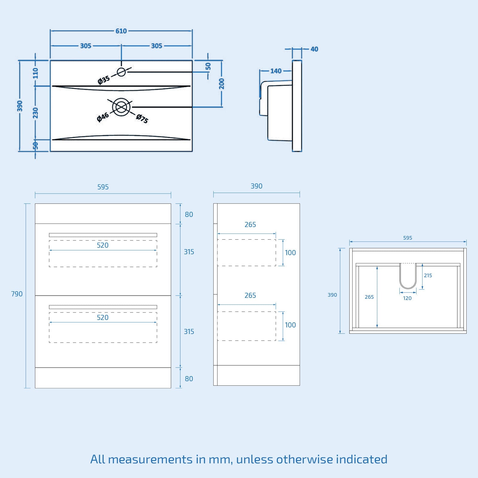 Nanuya 600mm White 2 Drawers Vanity Unit, Back To Wall Toilet