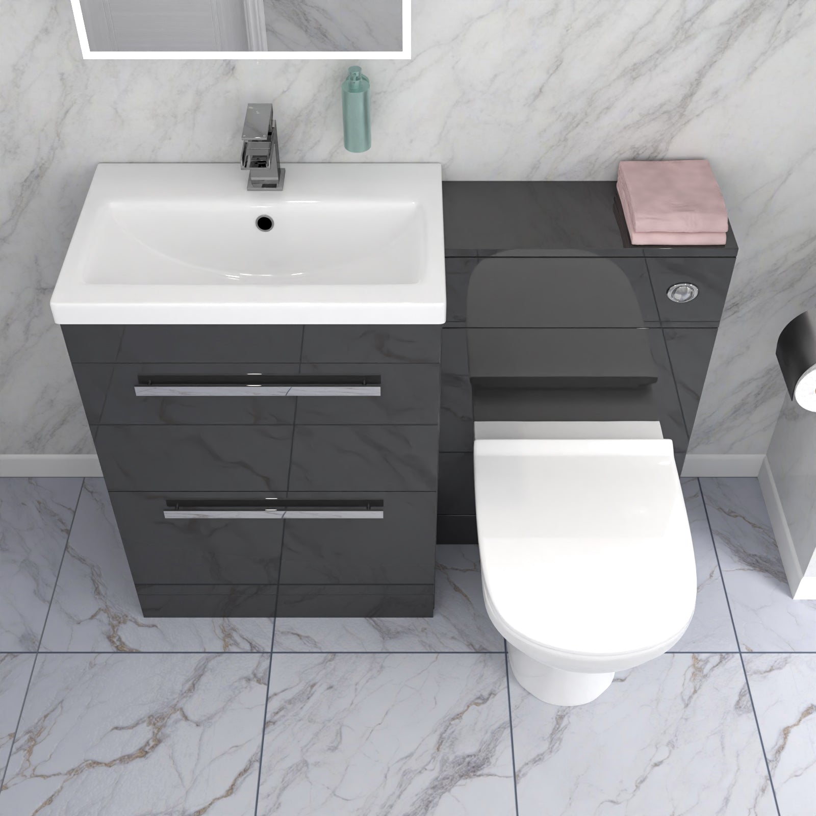 Nanuya 1100mm Dark Grey 2 Drawer Vanity Basin Unit, WC & Curved BTW Toilet