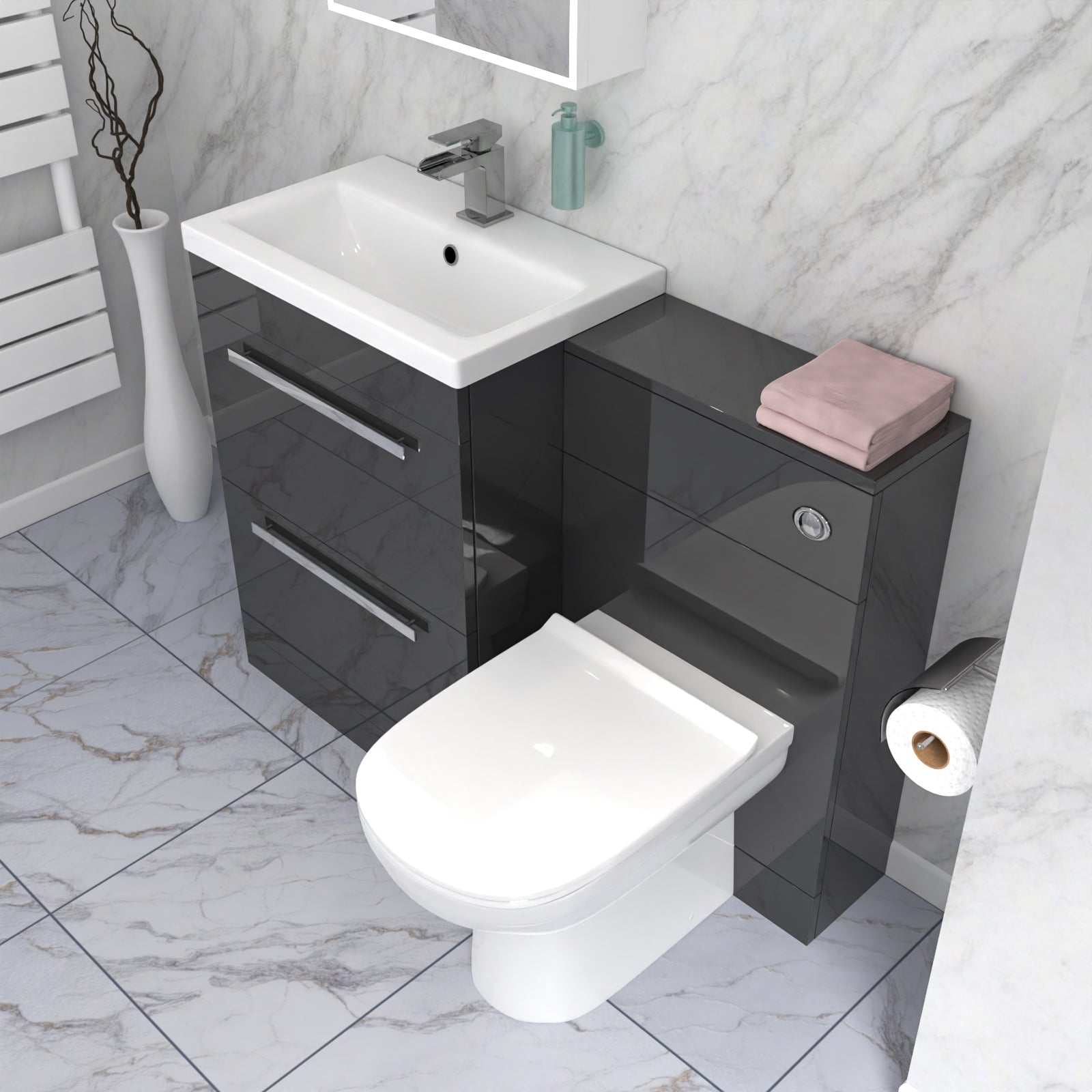 Nanuya 1100mm Dark Grey 2 Drawer Vanity Basin Unit, WC & Curved BTW Toilet