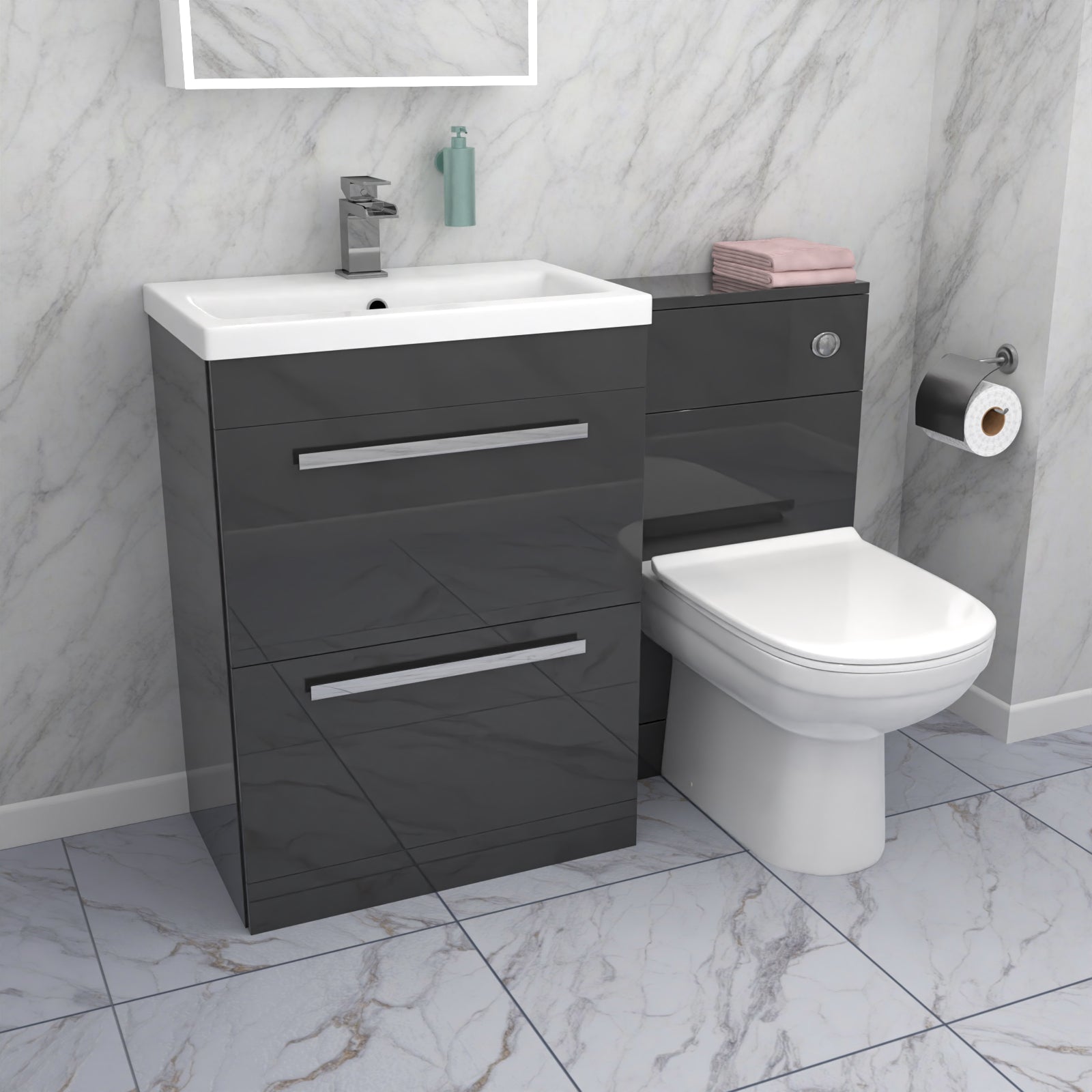 Nanuya 1100mm Dark Grey 2 Drawer Vanity Basin Unit, WC & Curved BTW Toilet
