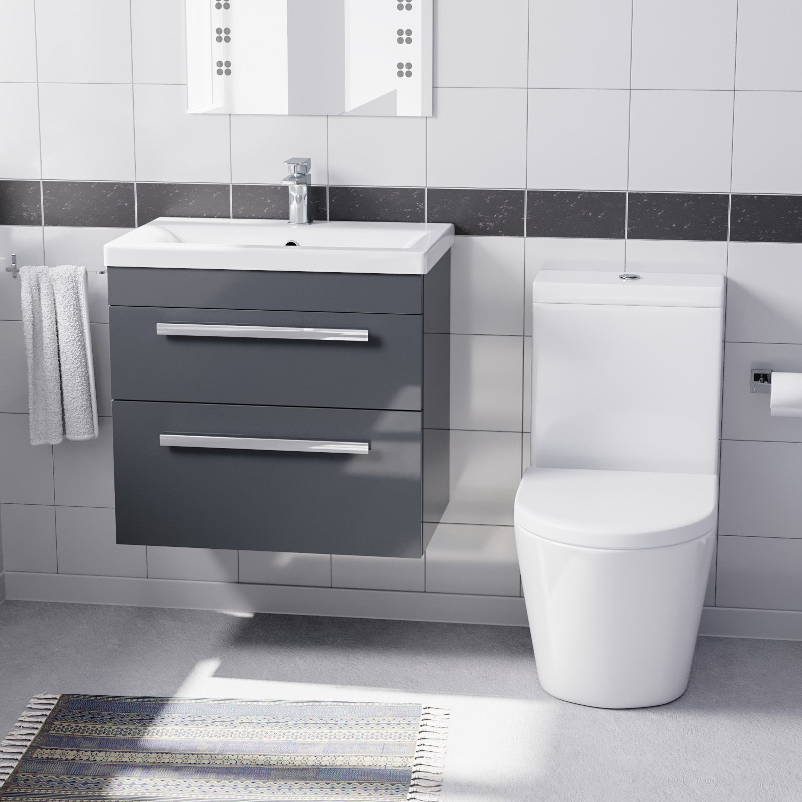 Nanuya Dark Grey 600mm Wall Hung 2 Drawer Vanity Cabinet Unit & Close Coupled Toilet