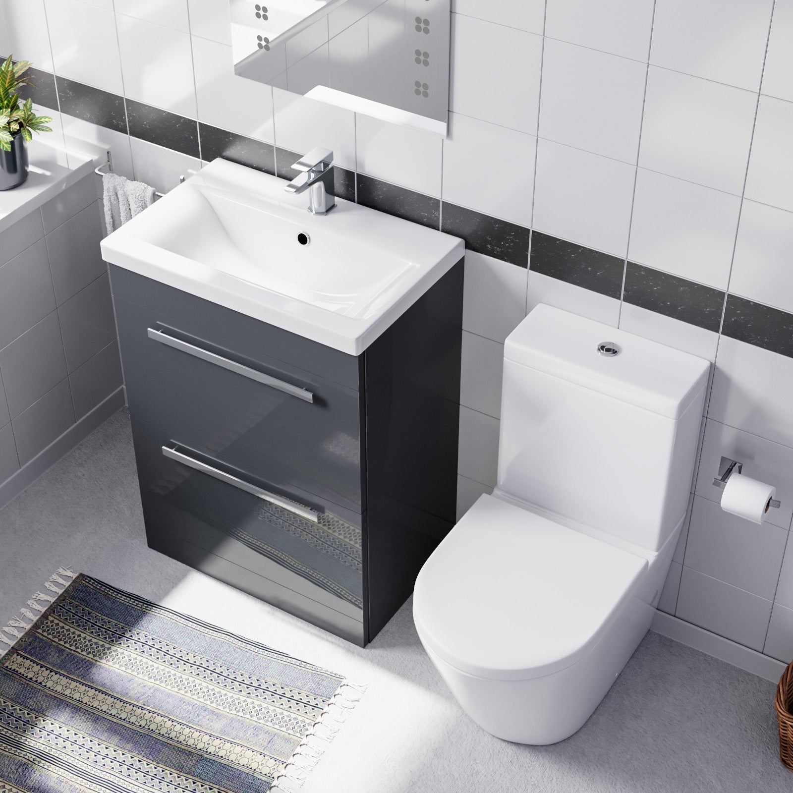 Nanuya Dark Grey 600mm 2 Drawer Vanity Basin Unit & Close Coupled Toilet