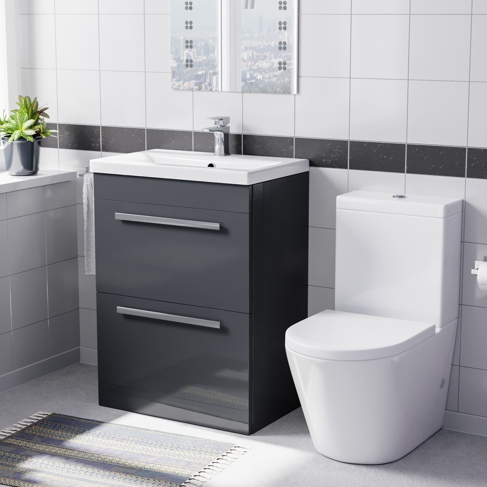 Nanuya Dark Grey 600mm 2 Drawer Vanity Basin Unit & Close Coupled Toilet