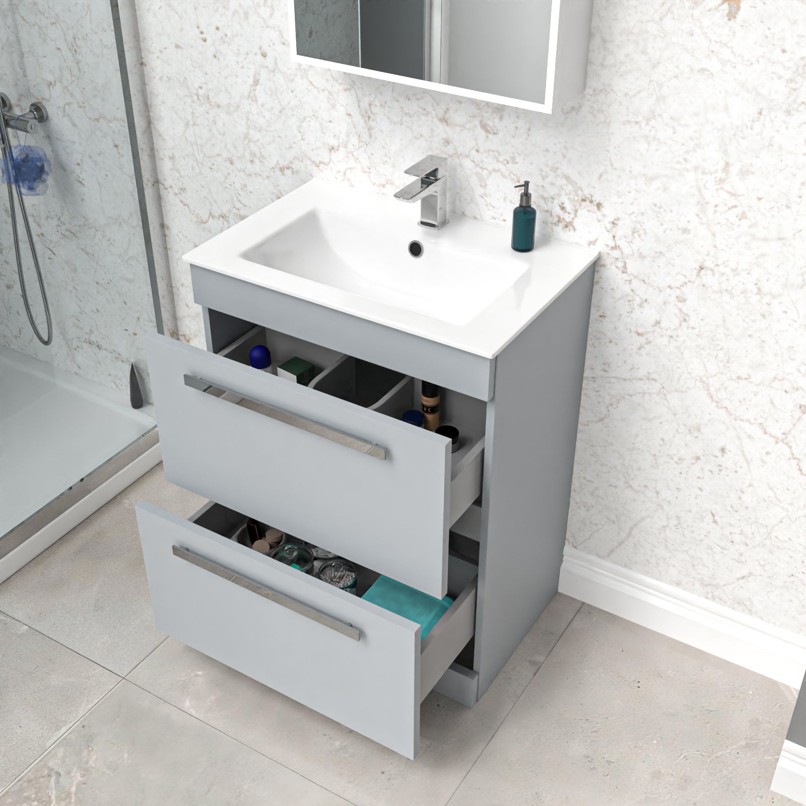 Nanuya Matte Grey 600mm Floorstanding 2 Drawer Vanity Slim Basin Unit