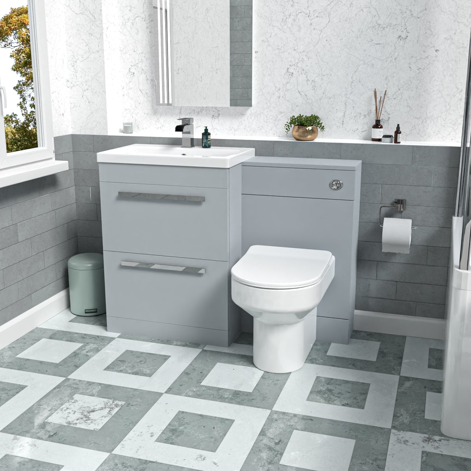 Nanuya 1100mm Matte Grey Drawers Basin Vanity, WC Unit, Back To Wall Toilet