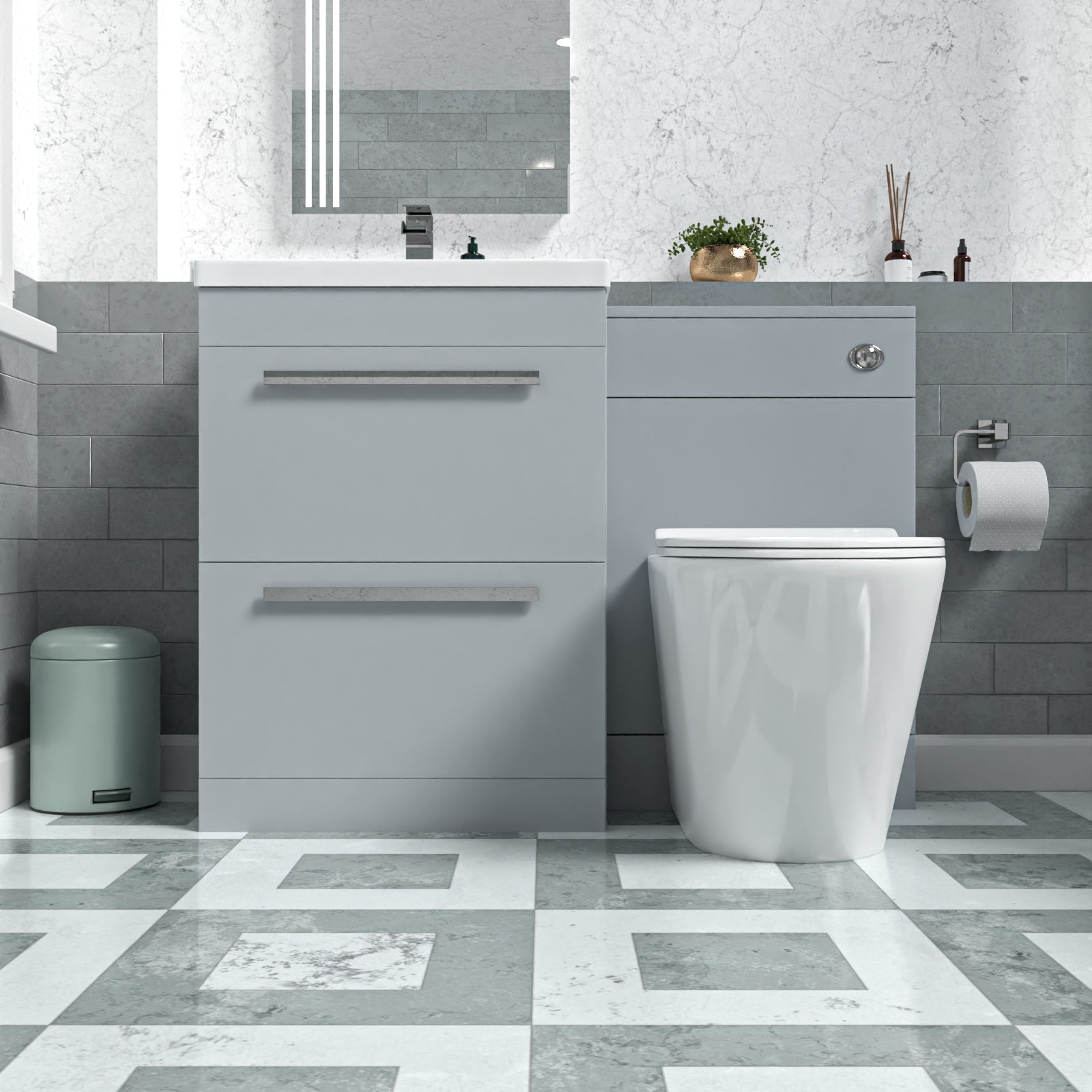 Nanuya 600mm Matte Grey 2 Drawers Vanity Unit, Back To Wall Toilet