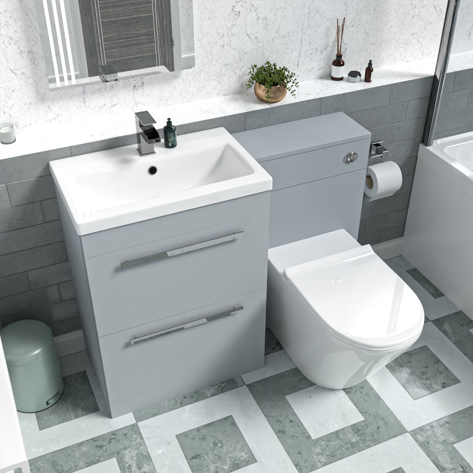 Nanuya 600mm Matte Grey 2 Drawers Vanity Unit, Back To Wall Toilet