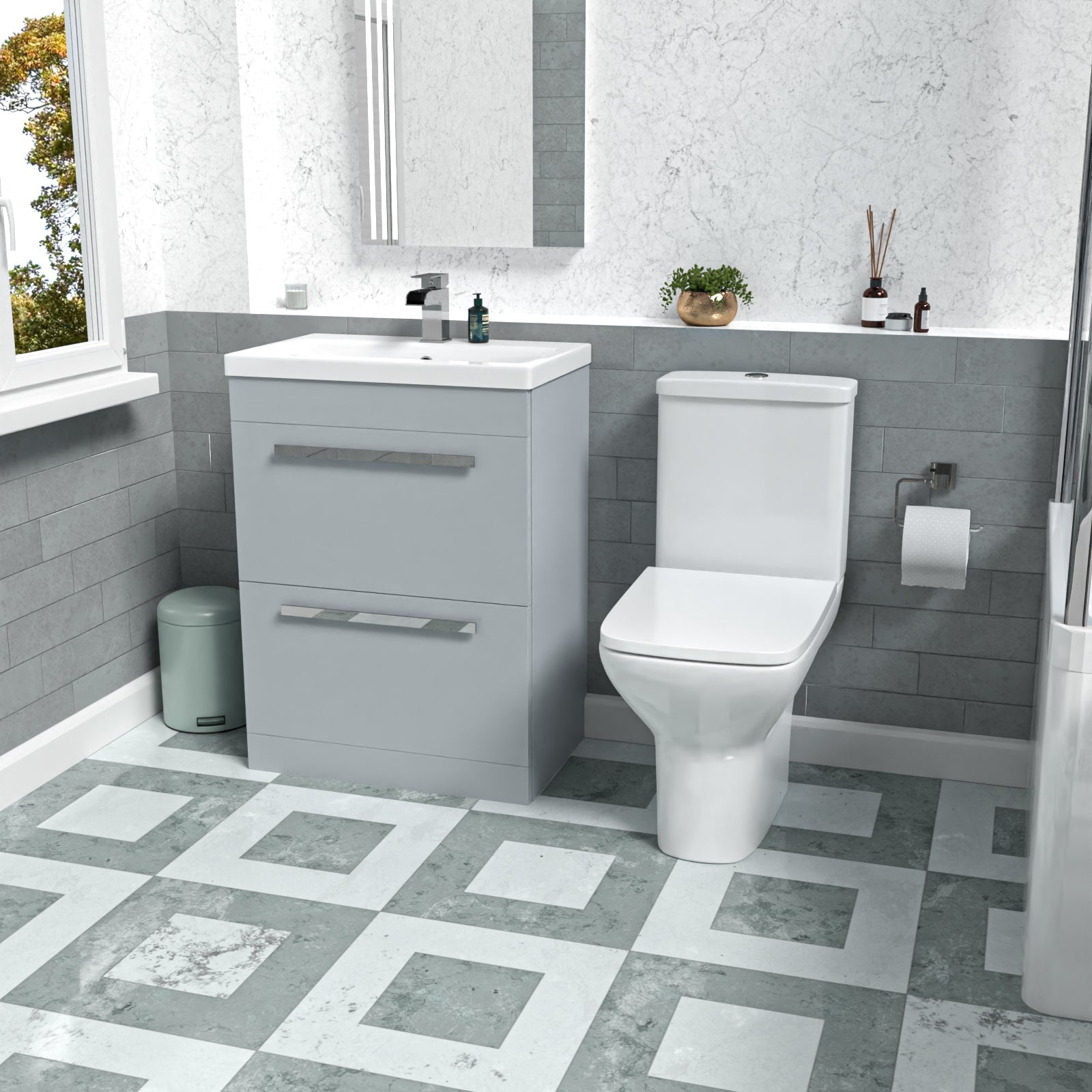 Nanuya 600mm Matte Grey Drawers Basin Vanity & Rimless Close Coupled Toilet