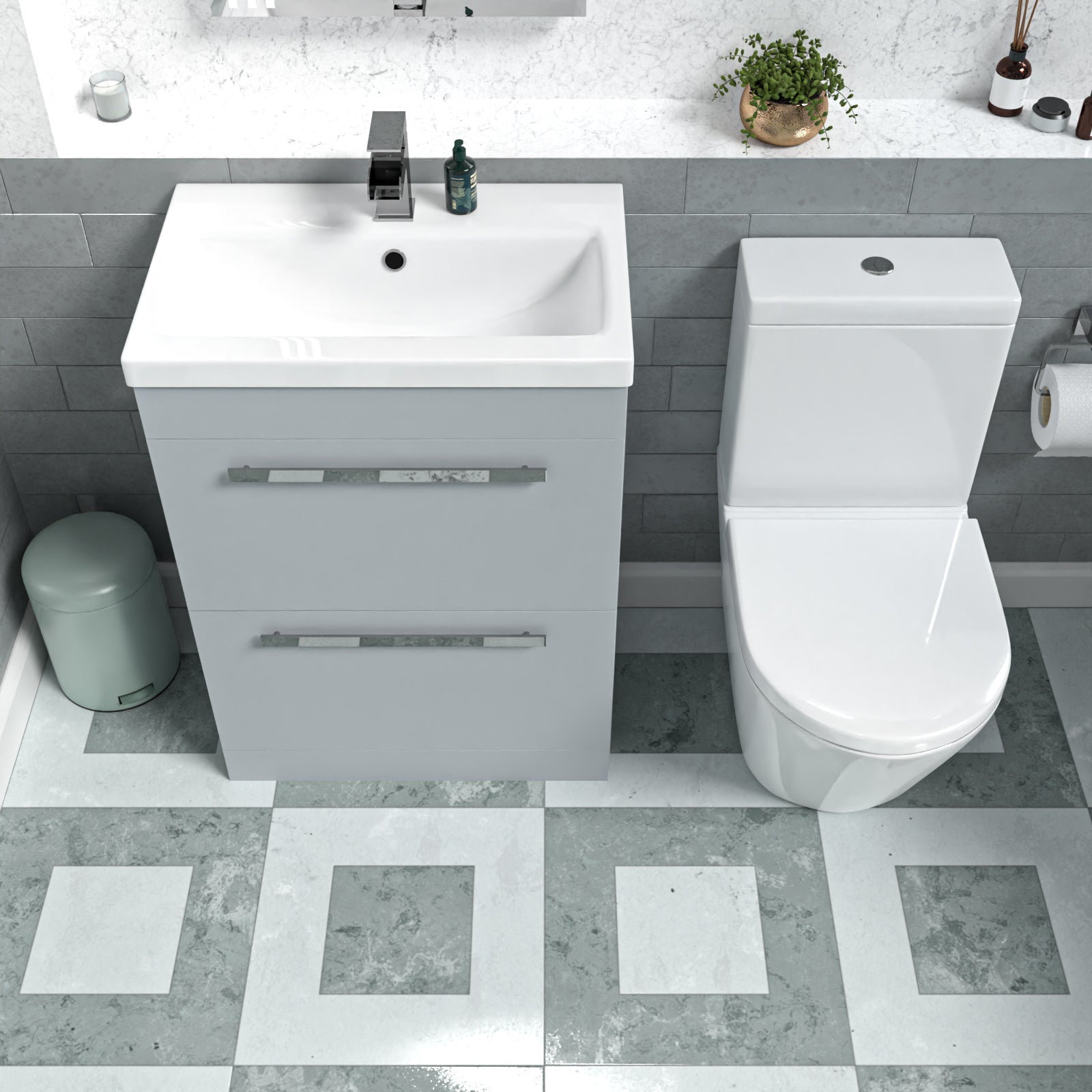 Nanuya 600mm Matte Grey Drawers Vanity Basin Unit & Round Close Coupled Toilet