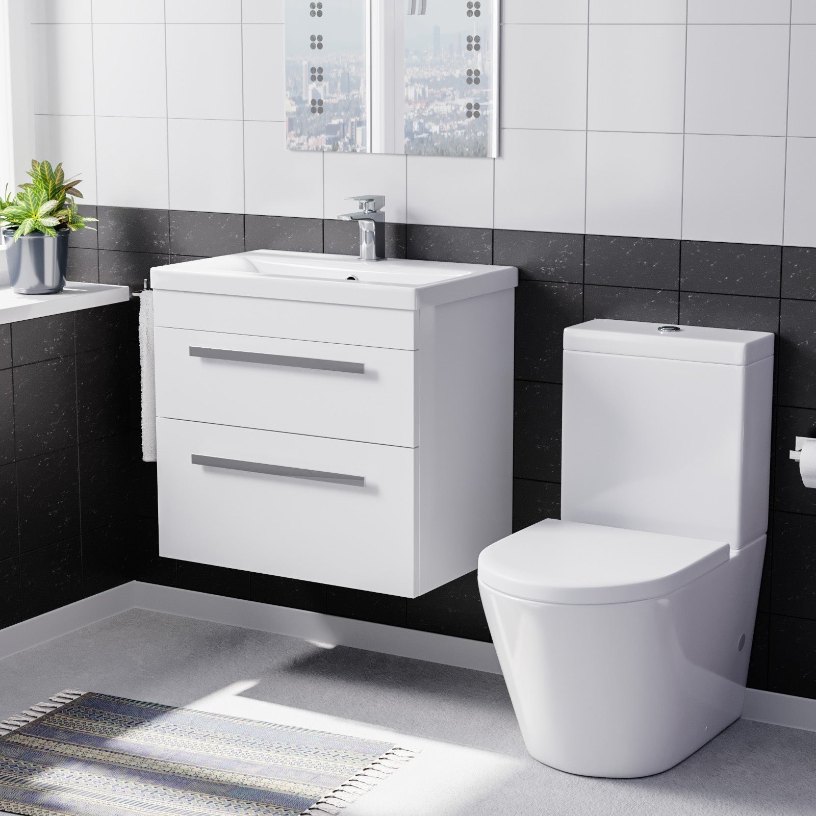 Nanuya White 600mm Wall Hung 2 Drawer Vanity Cabinet Unit & Close Coupled Toilet