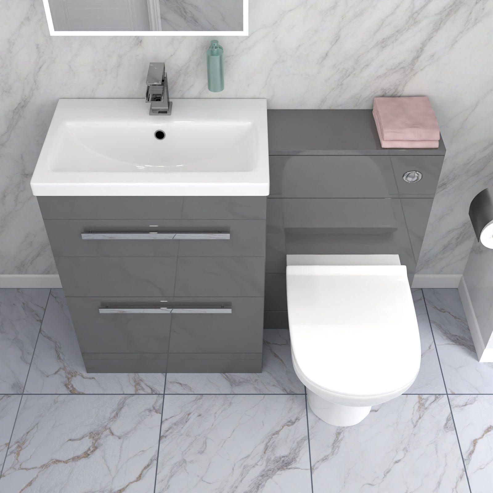Nanuya 1100mm Grey 2 Drawer Vanity Basin Unit, WC & Curved BTW Toilet