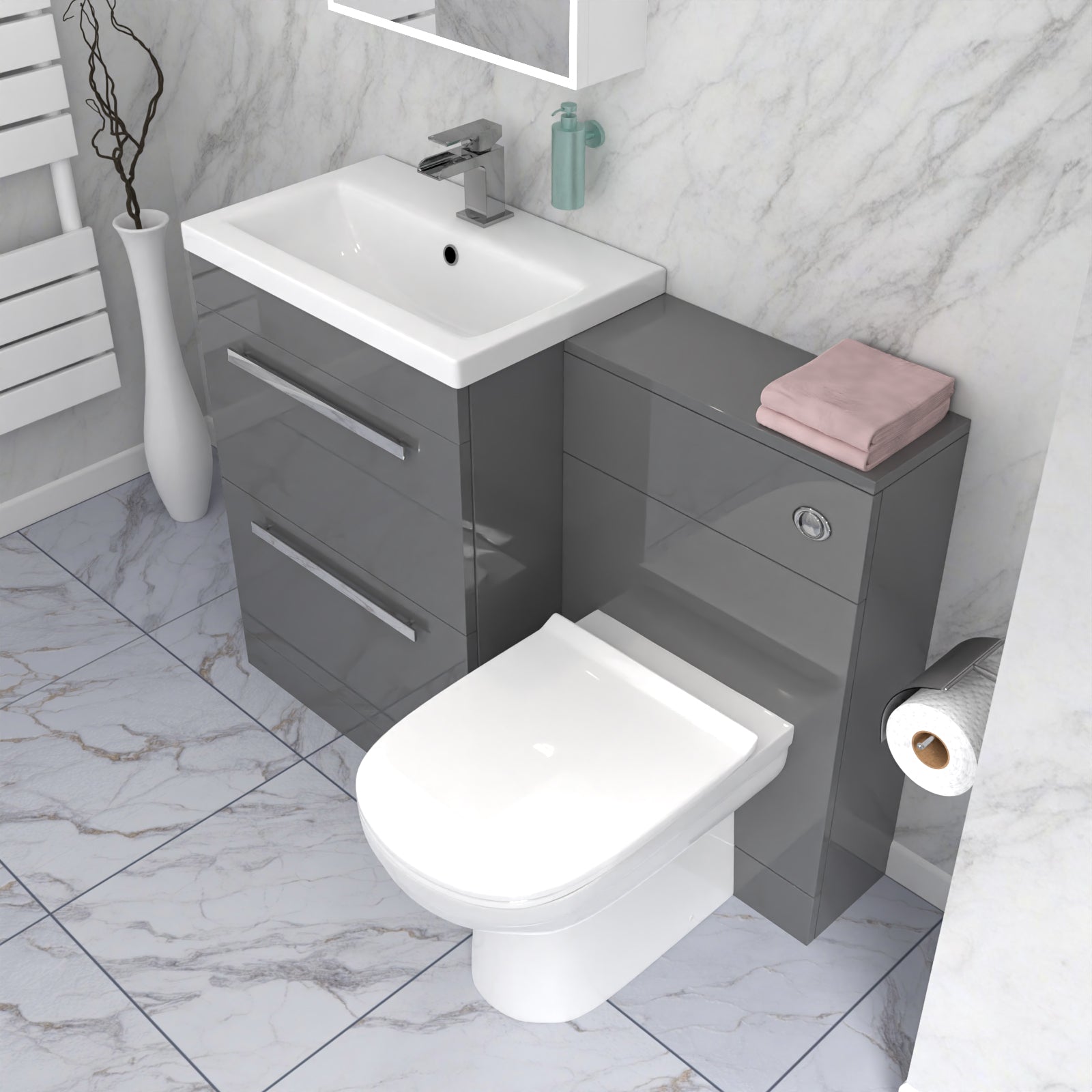 Nanuya 1100mm Grey 2 Drawer Vanity Basin Unit, WC & Curved BTW Toilet