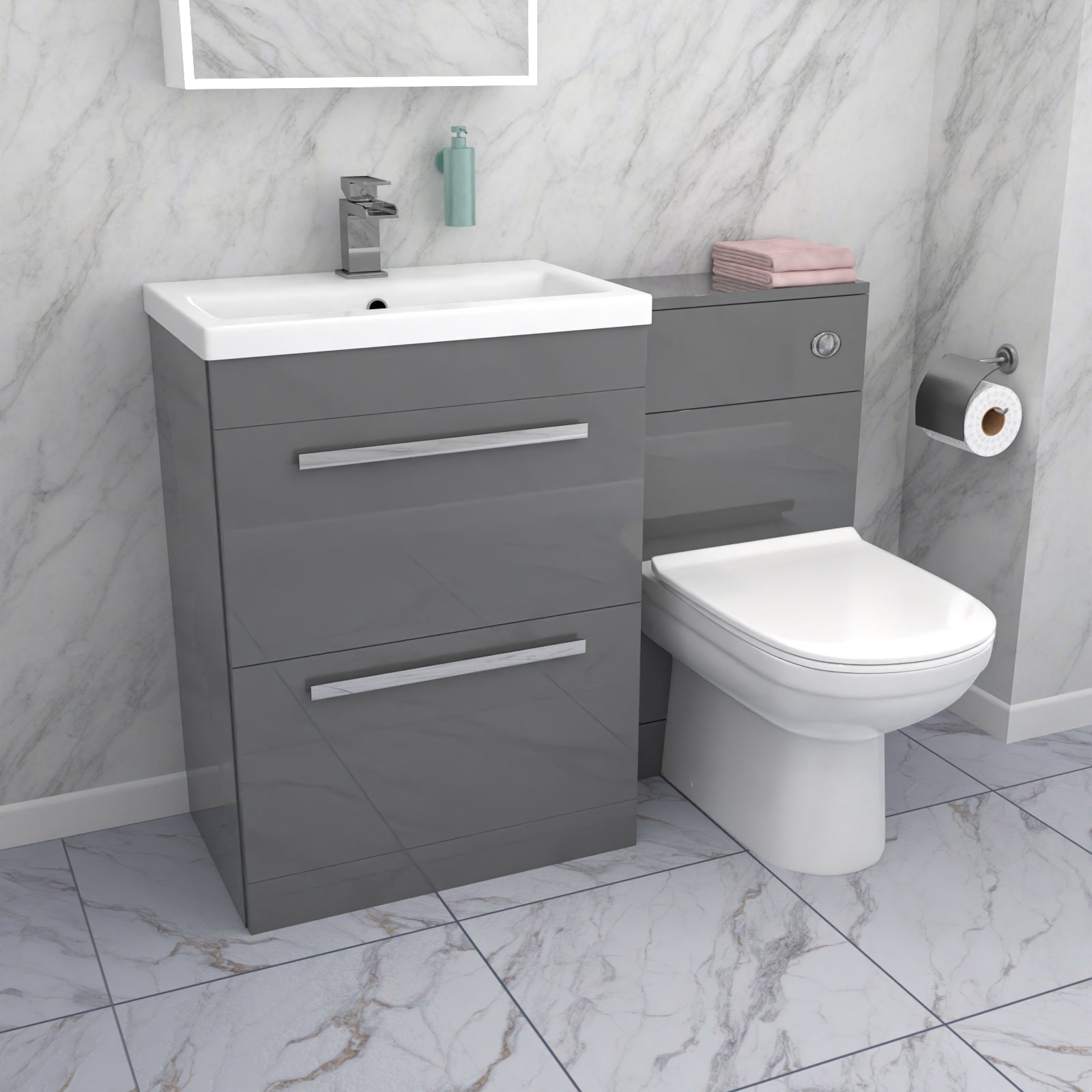 Nanuya 1100mm Grey 2 Drawer Vanity Basin Unit, WC & Curved BTW Toilet