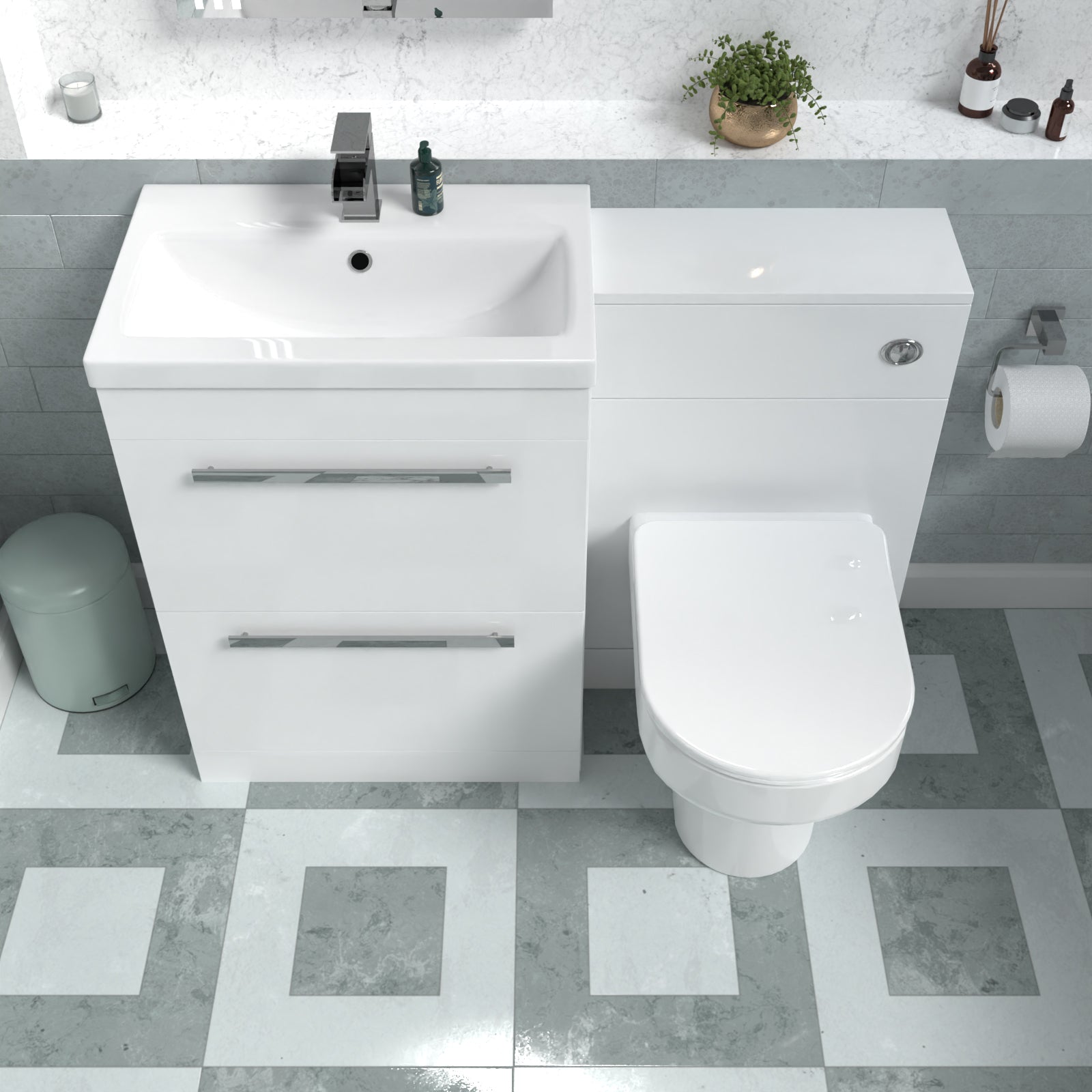 Nanuya 1100mm White Drawers Basin Vanity, WC Unit, Back To Wall Comfort Toilet