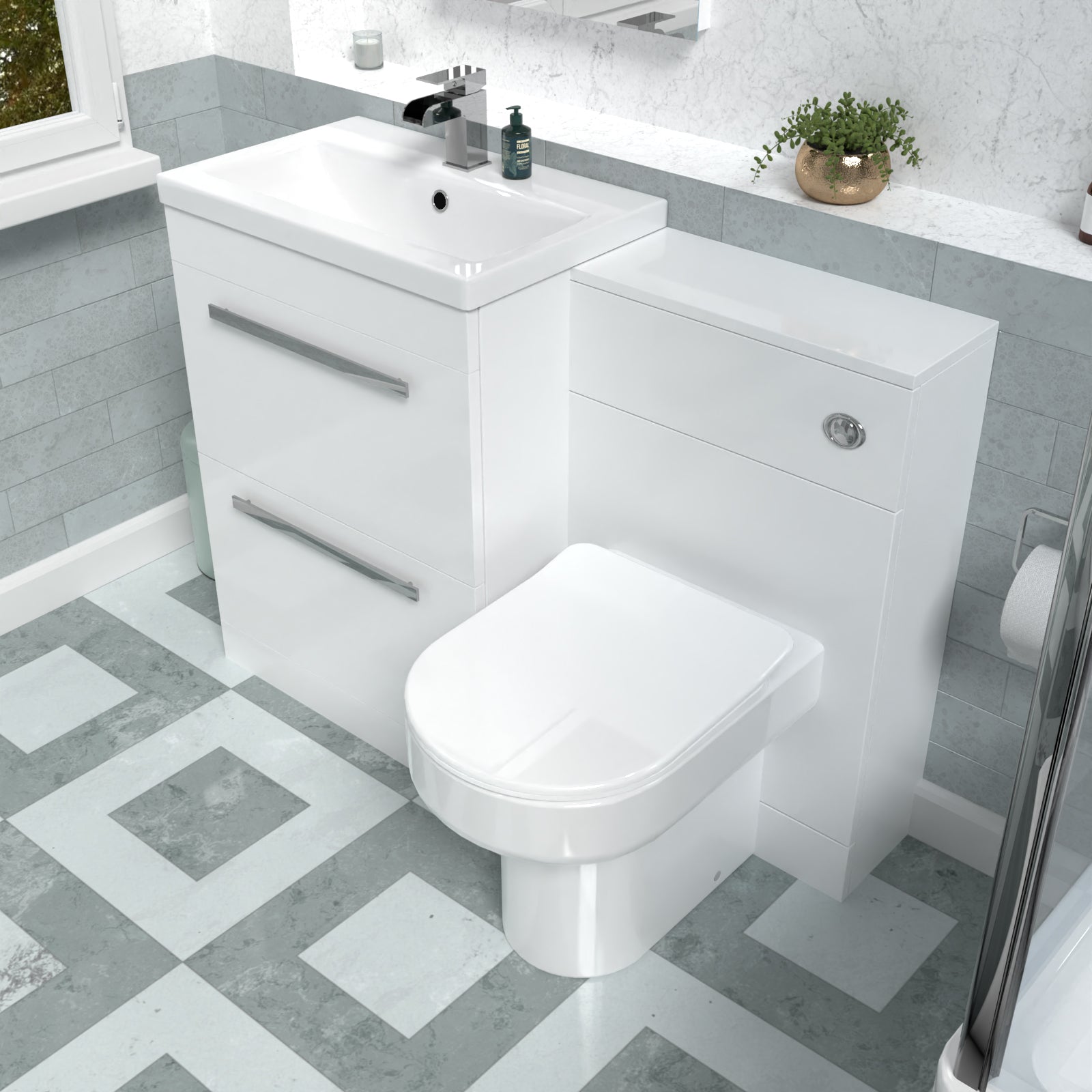 Nanuya 1100mm White Drawers Basin Vanity, WC Unit, Back To Wall Comfort Toilet