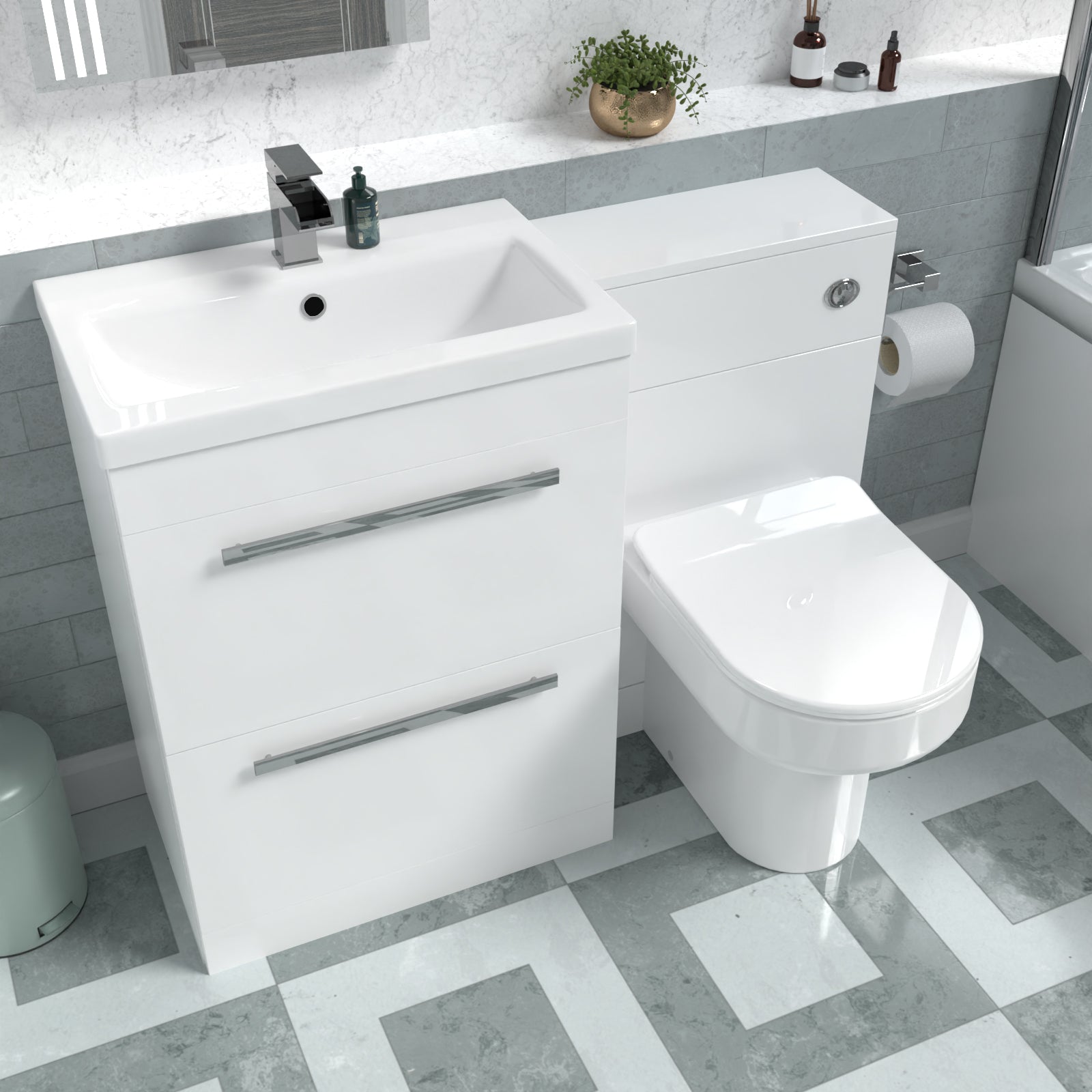 Nanuya 1100mm White Drawers Basin Vanity, WC Unit, Back To Wall Comfort Toilet