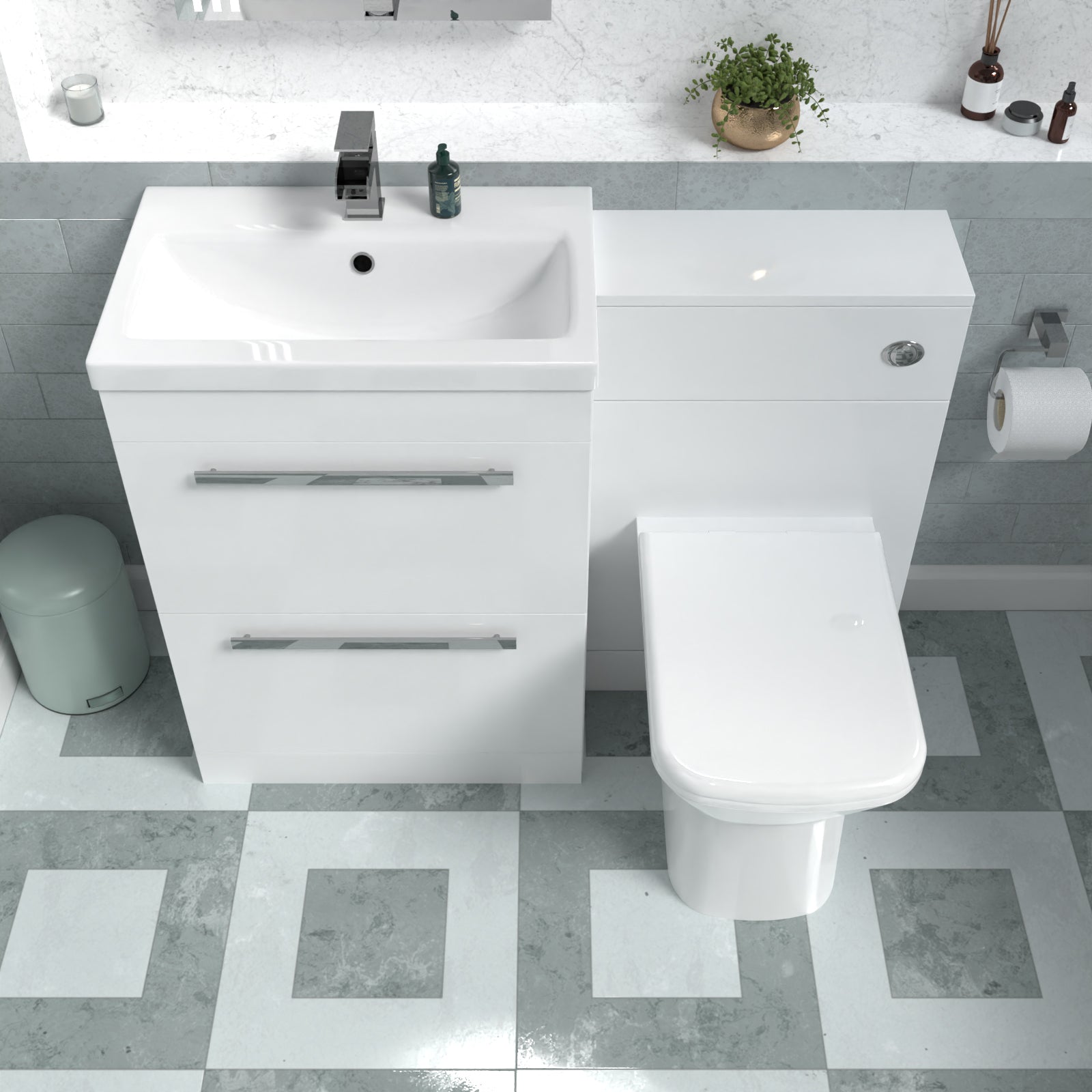 Nanuya 1100mm White Basin Vanity Cabinet, WC Unit, Rimless Back To Wall Toilet
