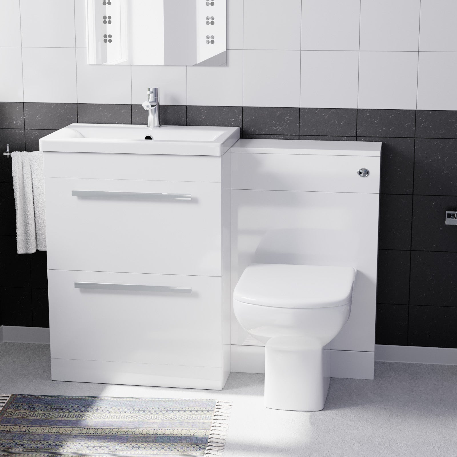 Nanuya 600mm White 2 Drawers Vanity Unit, Back To Wall Toilet