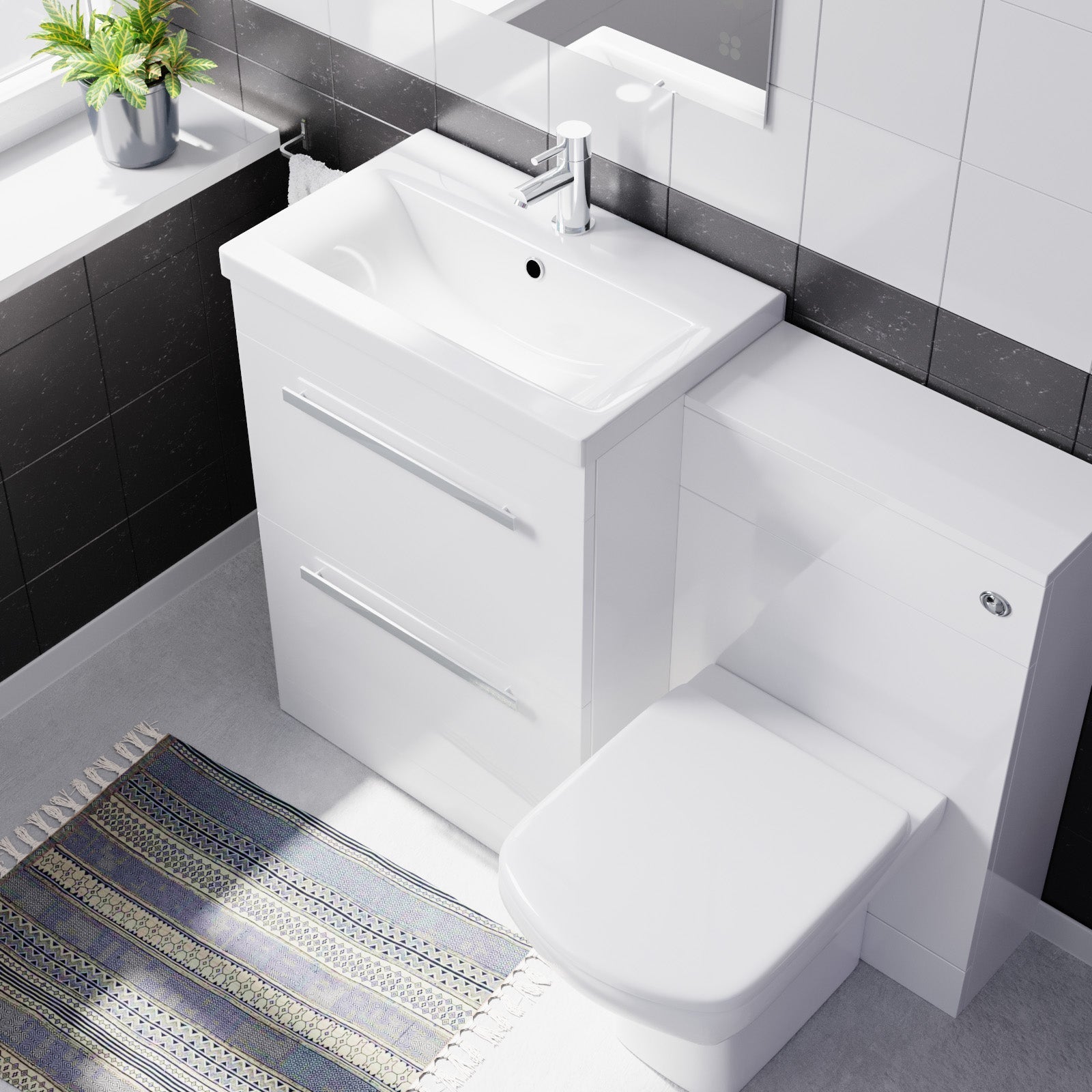 Nanuya 600mm White 2 Drawers Vanity Unit, Back To Wall Toilet