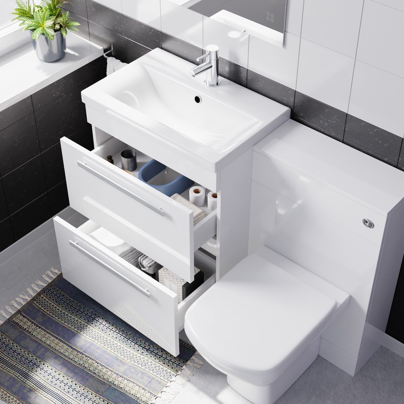 Nanuya 600mm White 2 Drawers Vanity Unit, Back To Wall Toilet