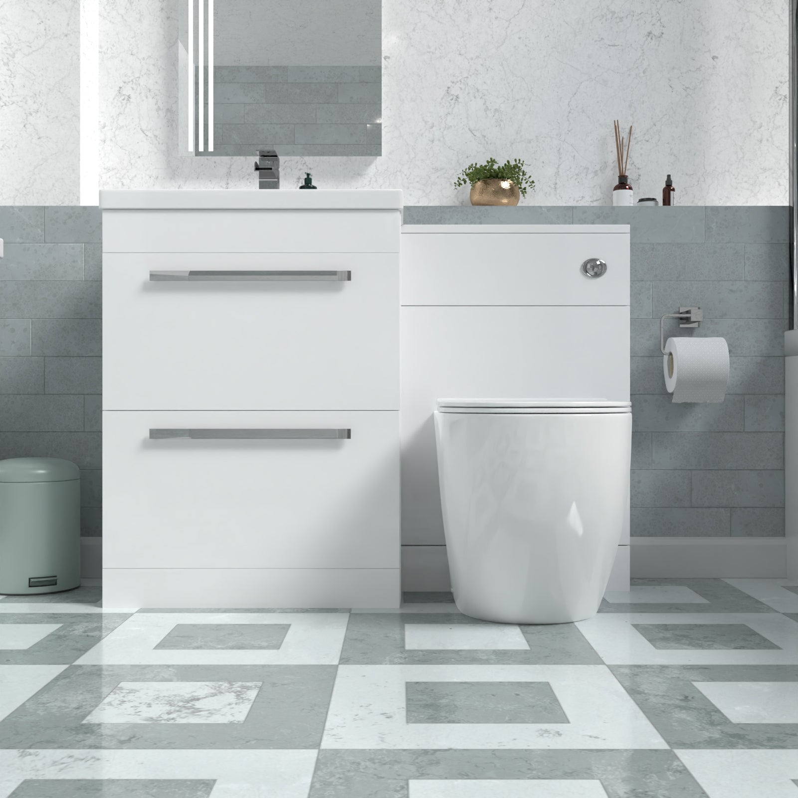 Nanuya 1100mm White Basin Vanity Cabinet, WC Unit & Round Back To Wall Toilet