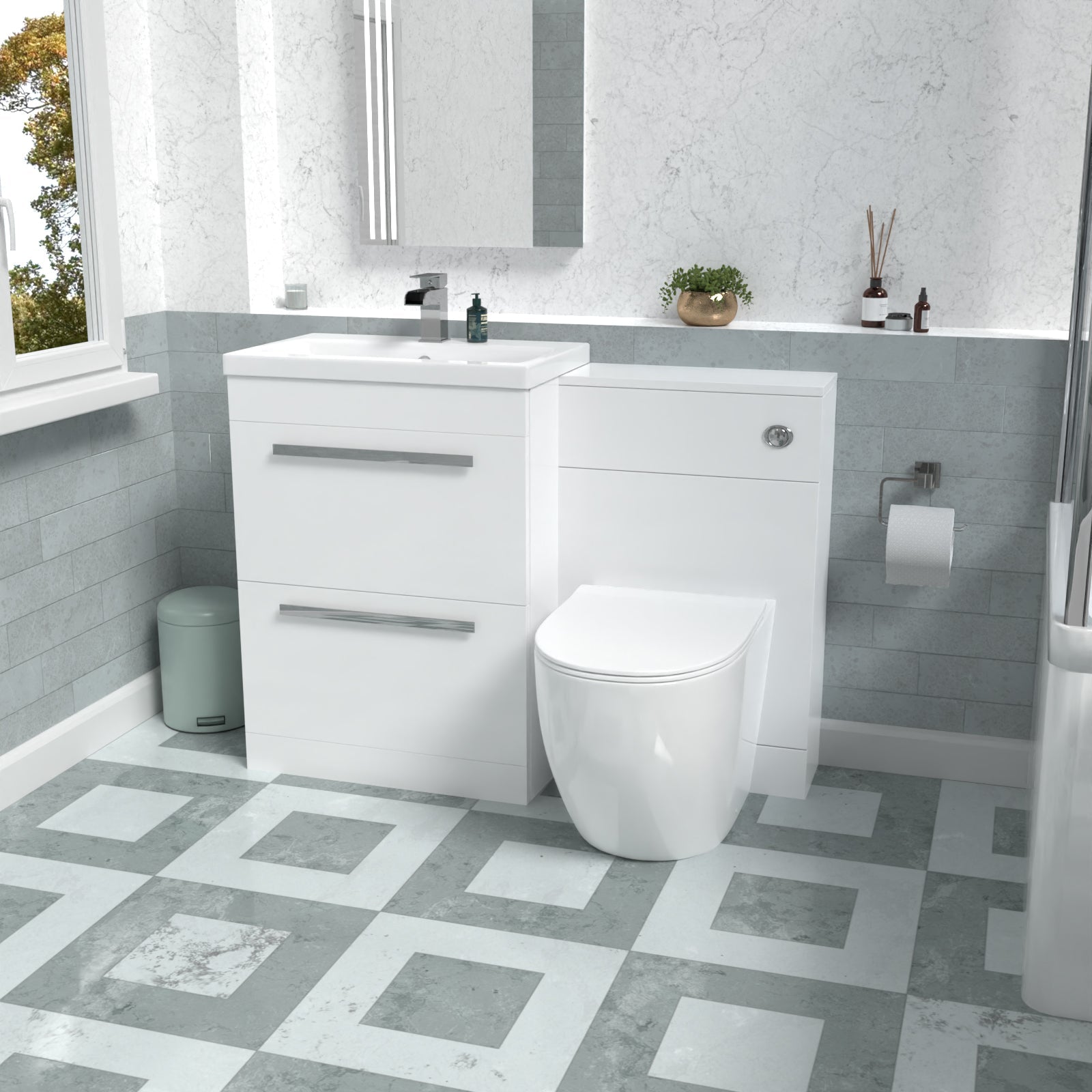 Nanuya 1100mm White Basin Vanity Cabinet, WC Unit & Round Back To Wall Toilet