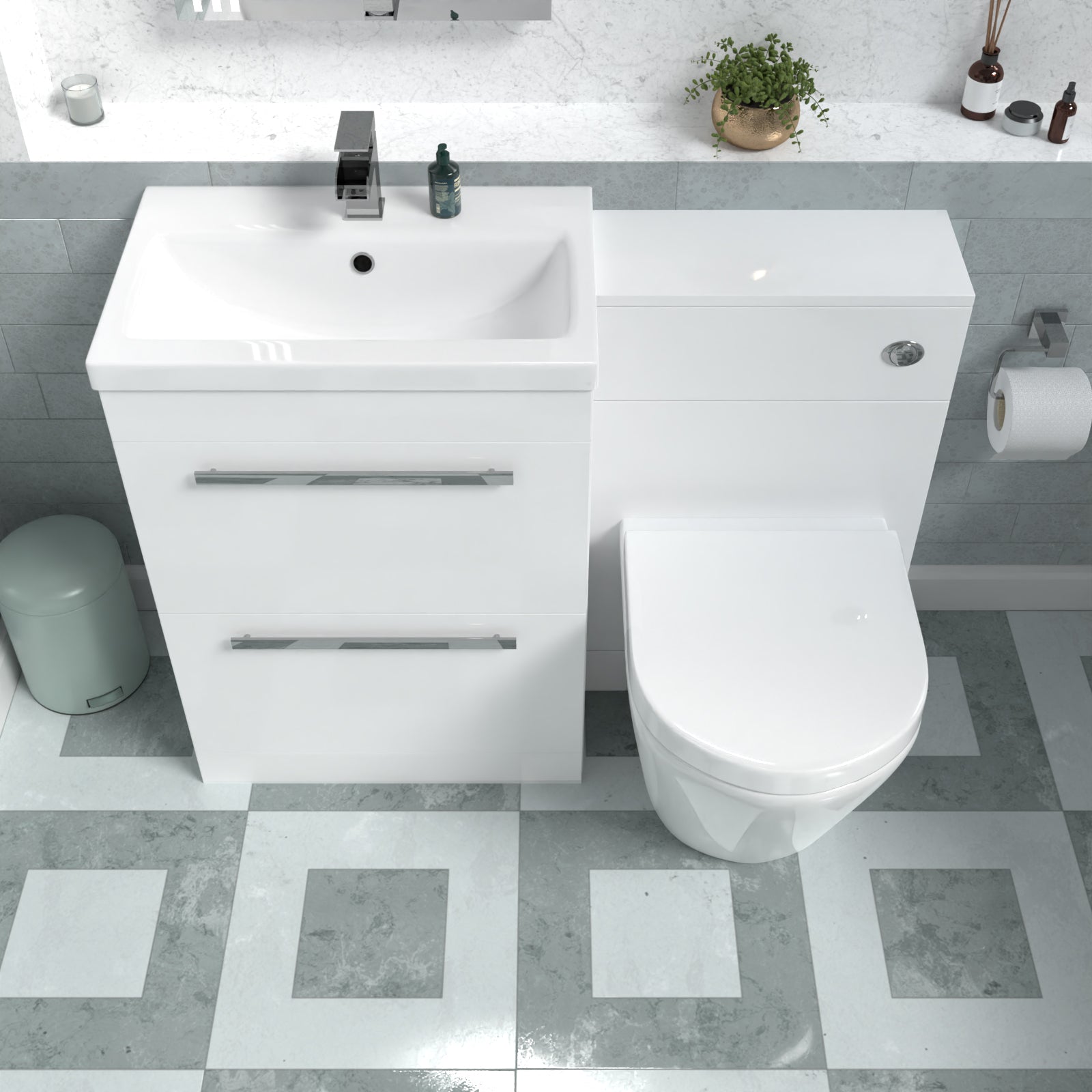 Nanuya 1100mm White Basin Vanity Cabinet, WC Unit & Back To Wall Toilet