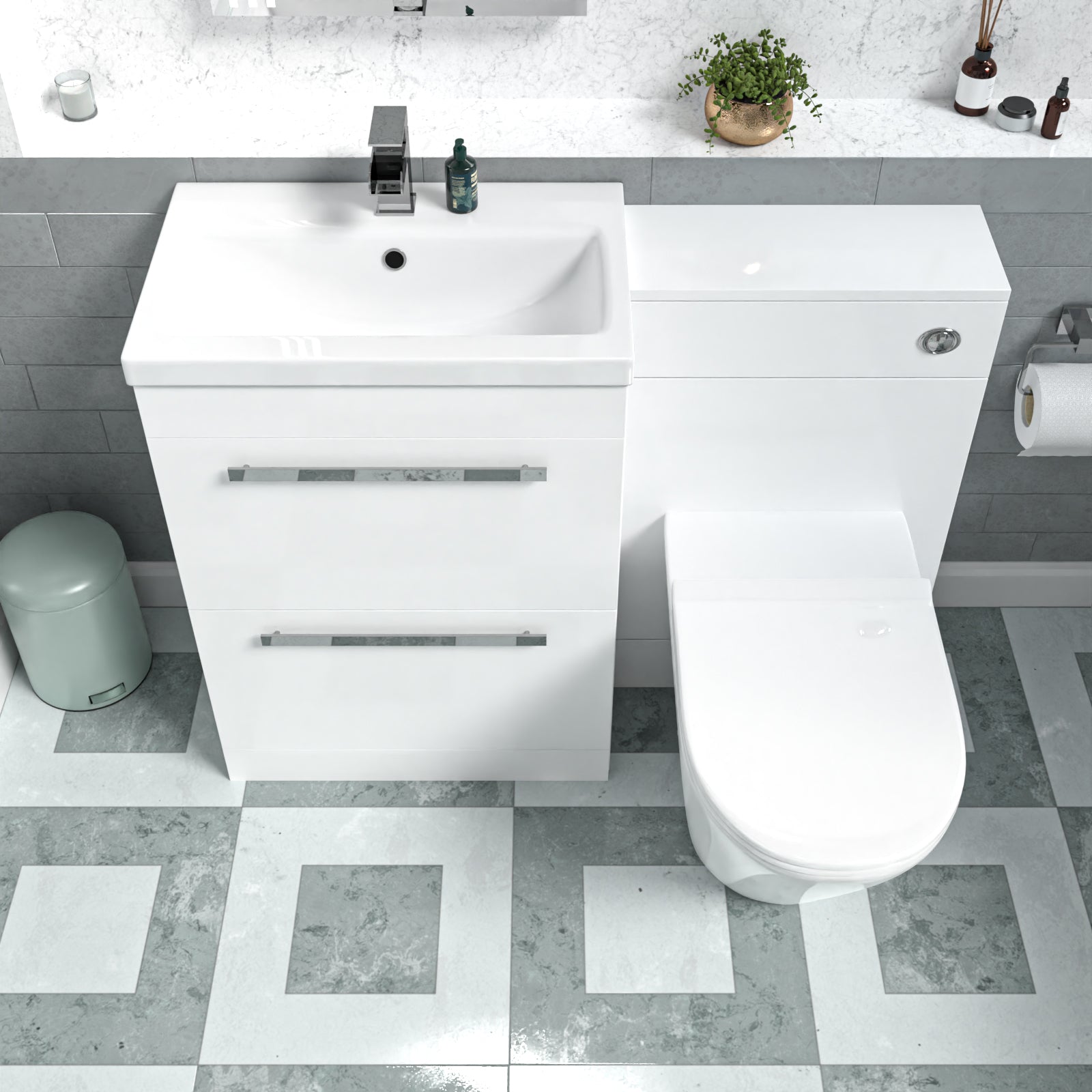Nanuya Gloss White Vanity Unit with 2 Drawers and Back To Wall Toilet